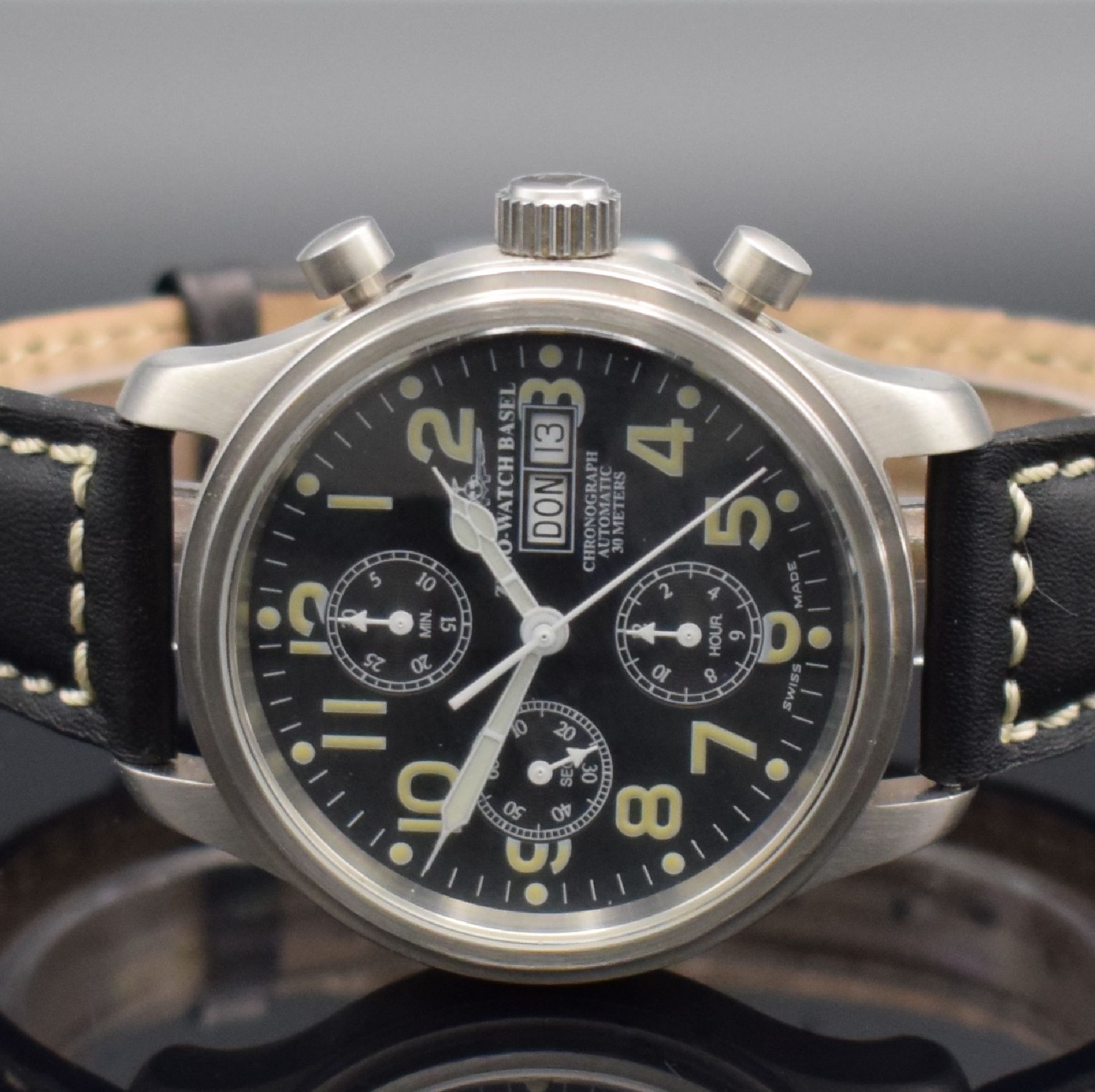 Detail a: ZENO WATCH BASEL Armbandchronograph, Schweiz um 2005, Automatik, Ref. 9557, beids. vergl. Edelstahlgeh., Boden geschr., Lederband m. orig. Dornschl., ...
