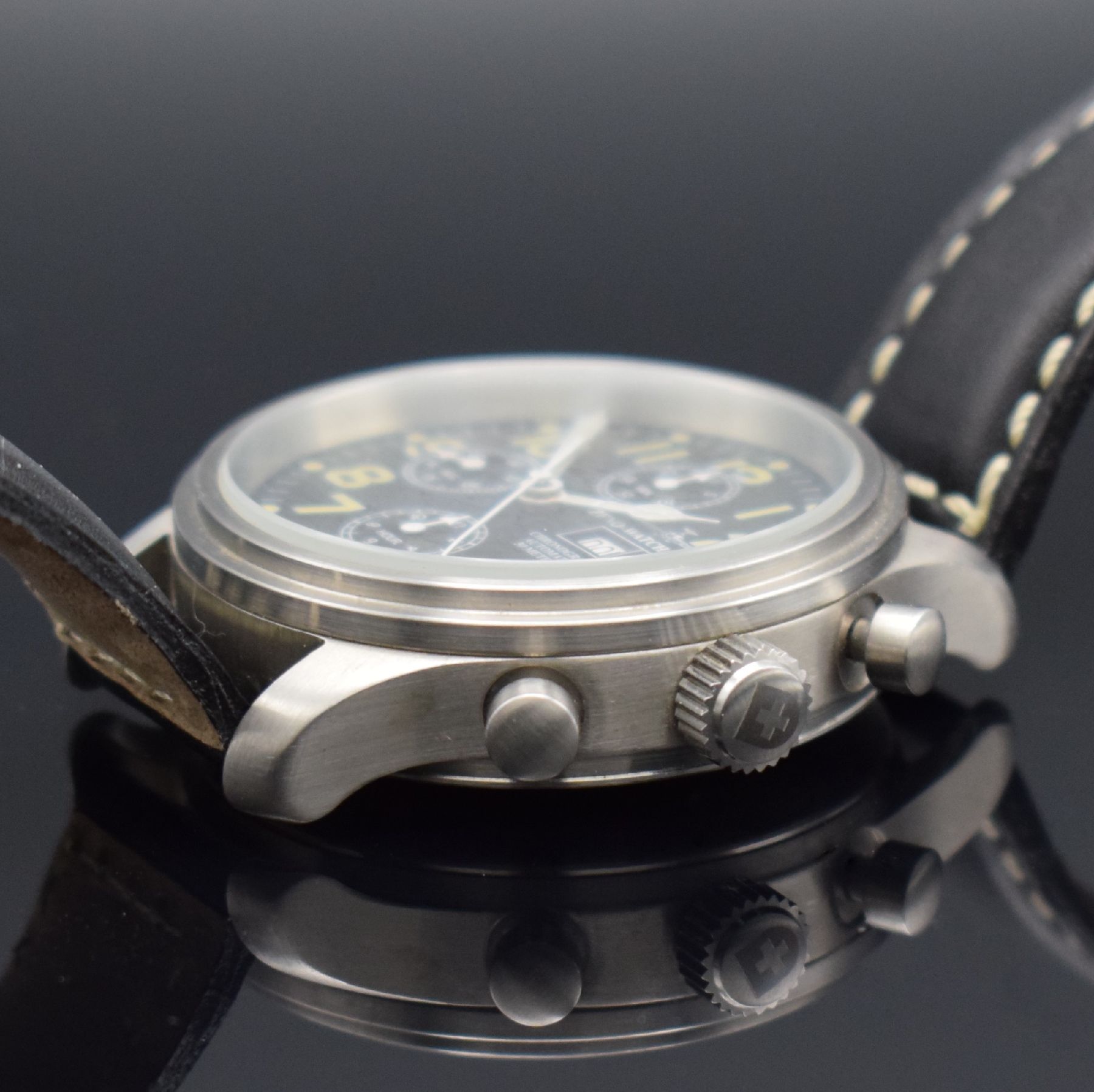 Detail e: ZENO WATCH BASEL Armbandchronograph, Schweiz um 2005, Automatik, Ref. 9557, beids. vergl. Edelstahlgeh., Boden geschr., Lederband m. orig. Dornschl., ...