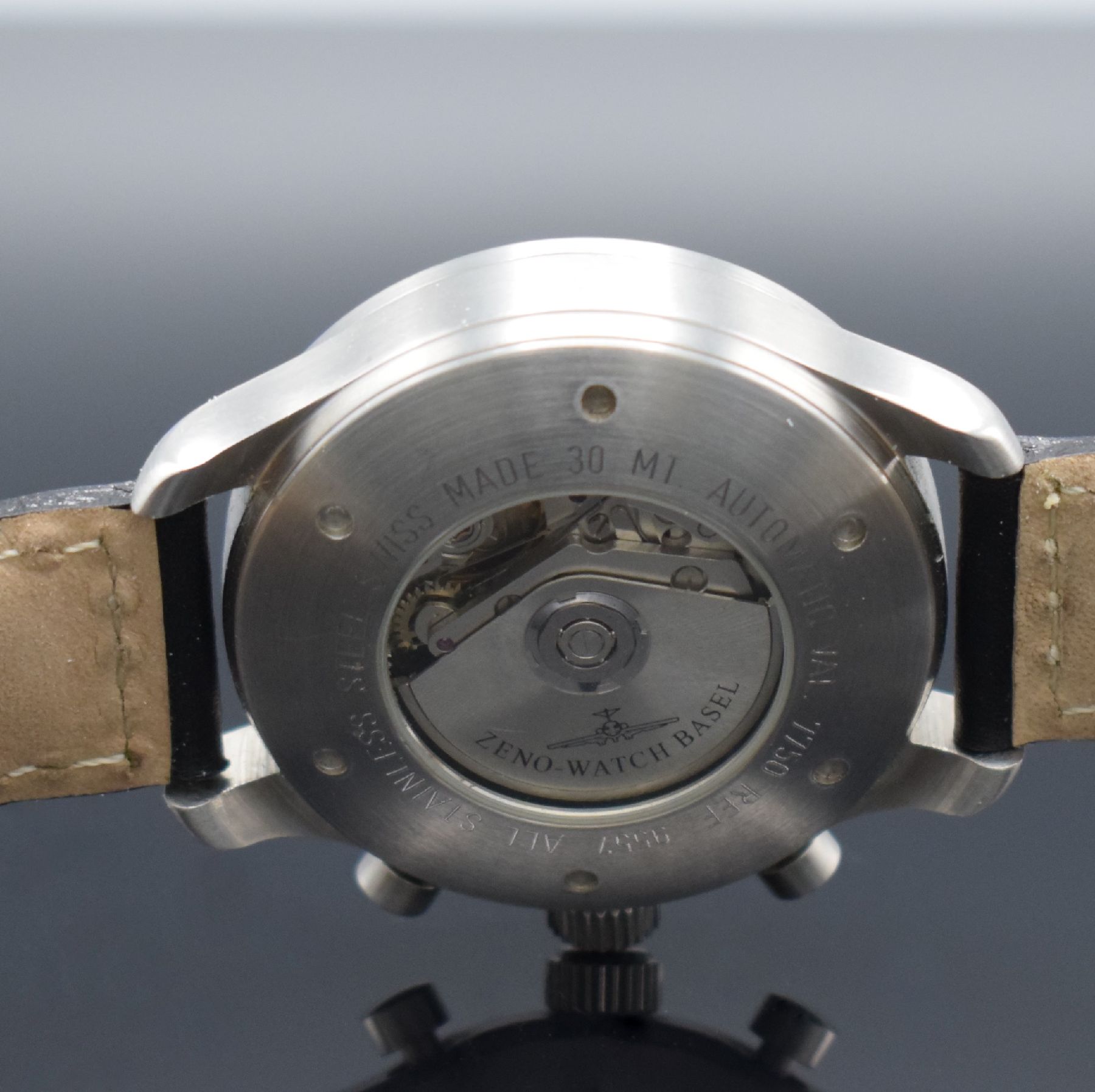 Detail g: ZENO WATCH BASEL Armbandchronograph, Schweiz um 2005, Automatik, Ref. 9557, beids. vergl. Edelstahlgeh., Boden geschr., Lederband m. orig. Dornschl., ...