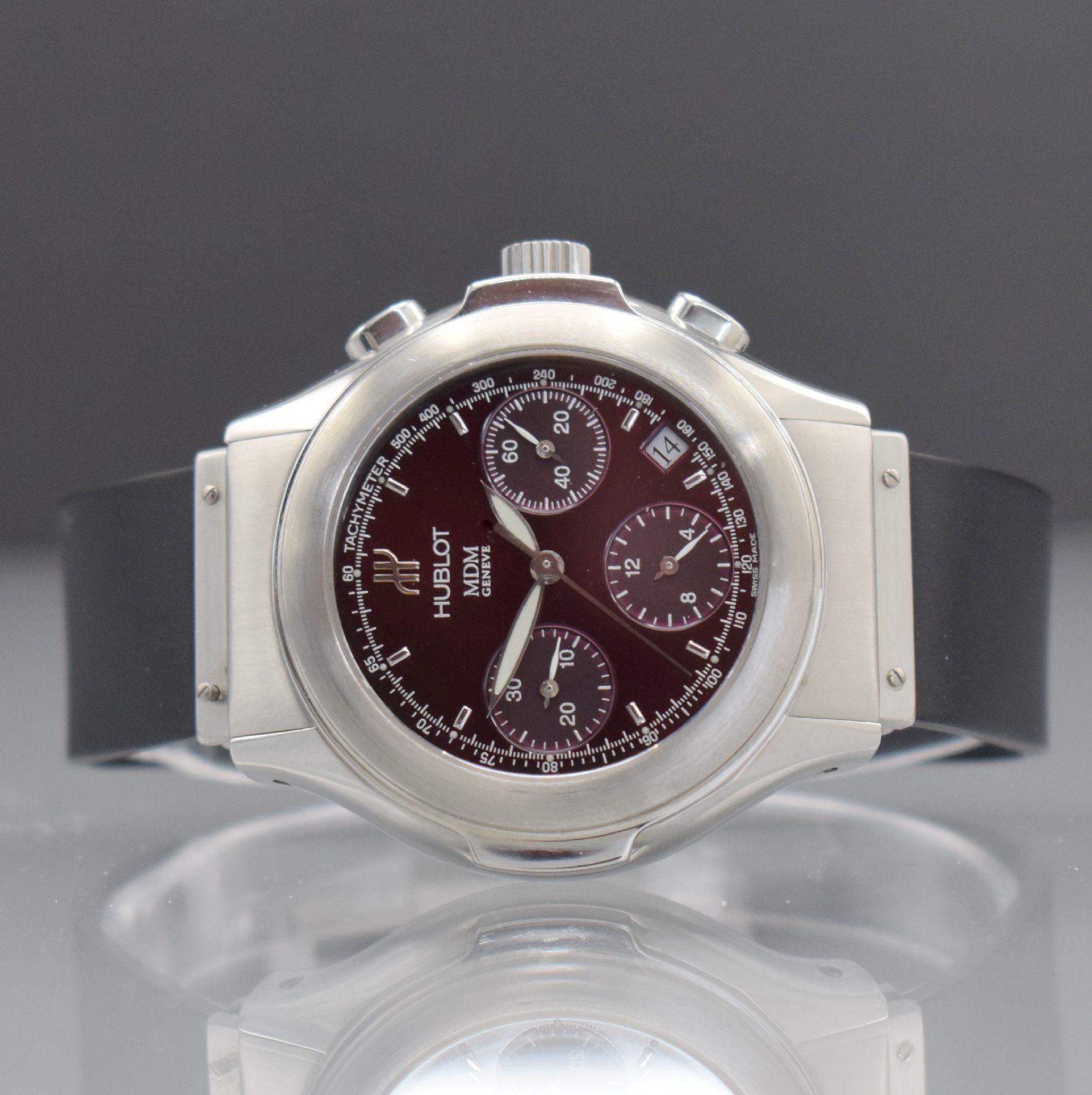 HUBLOT MDM Armbandchronograph, Schweiz um 1998, Automatik, Ref. 1810.1, verschr. Gehäuse in Edelstahl, Kautschukbd. m. orig. dopp. Faltschl., sehr ...