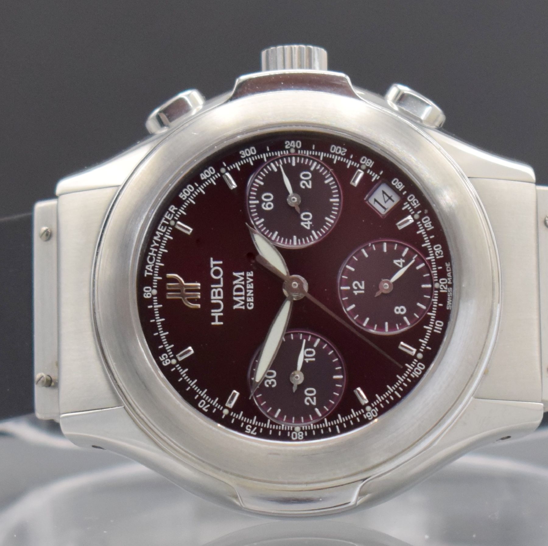 Detail a: HUBLOT MDM Armbandchronograph, Schweiz um 1998, Automatik, Ref. 1810.1, verschr. Gehäuse in Edelstahl, Kautschukbd. m. orig. dopp. Faltschl., sehr ...
