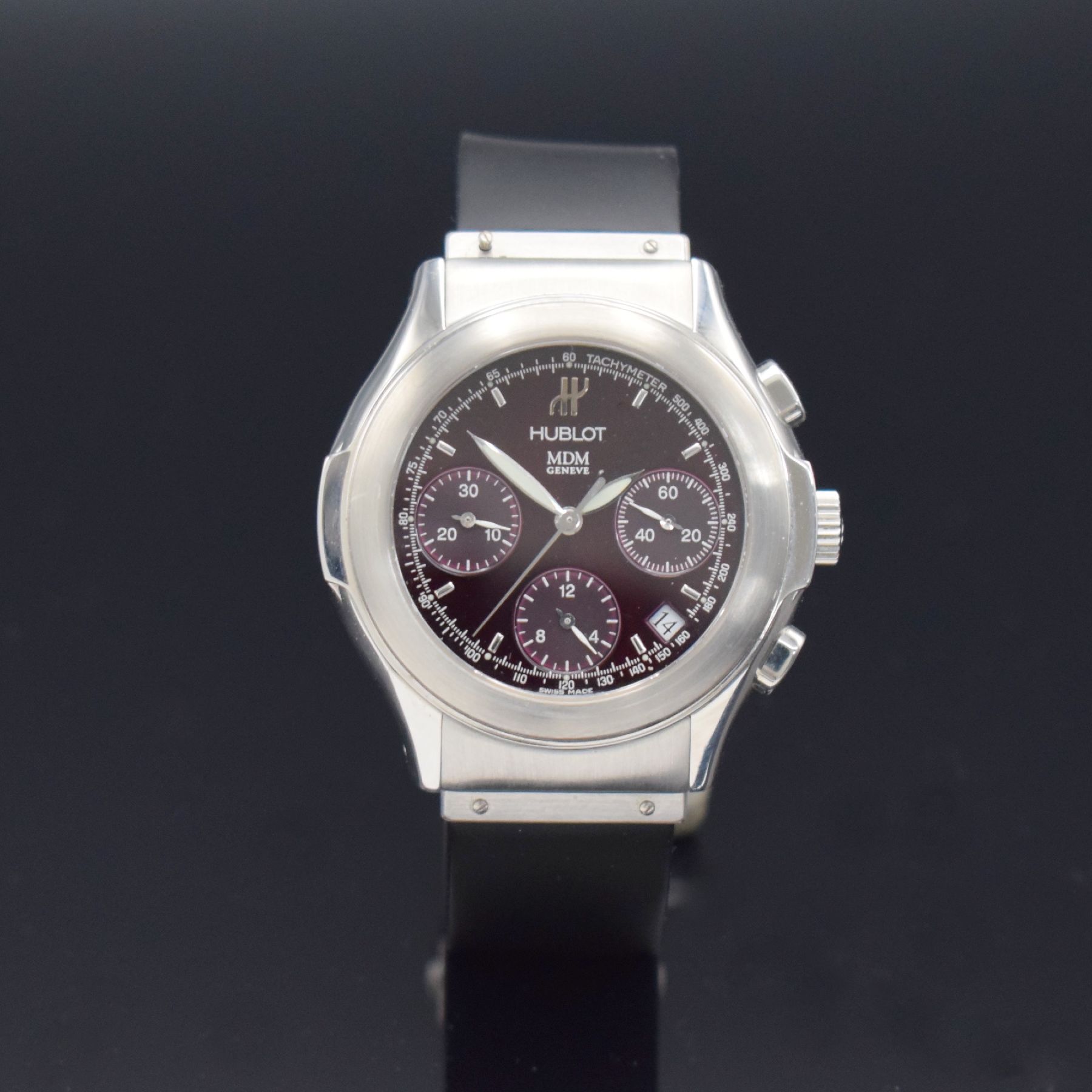 Detail b: HUBLOT MDM Armbandchronograph, Schweiz um 1998, Automatik, Ref. 1810.1, verschr. Gehäuse in Edelstahl, Kautschukbd. m. orig. dopp. Faltschl., sehr ...