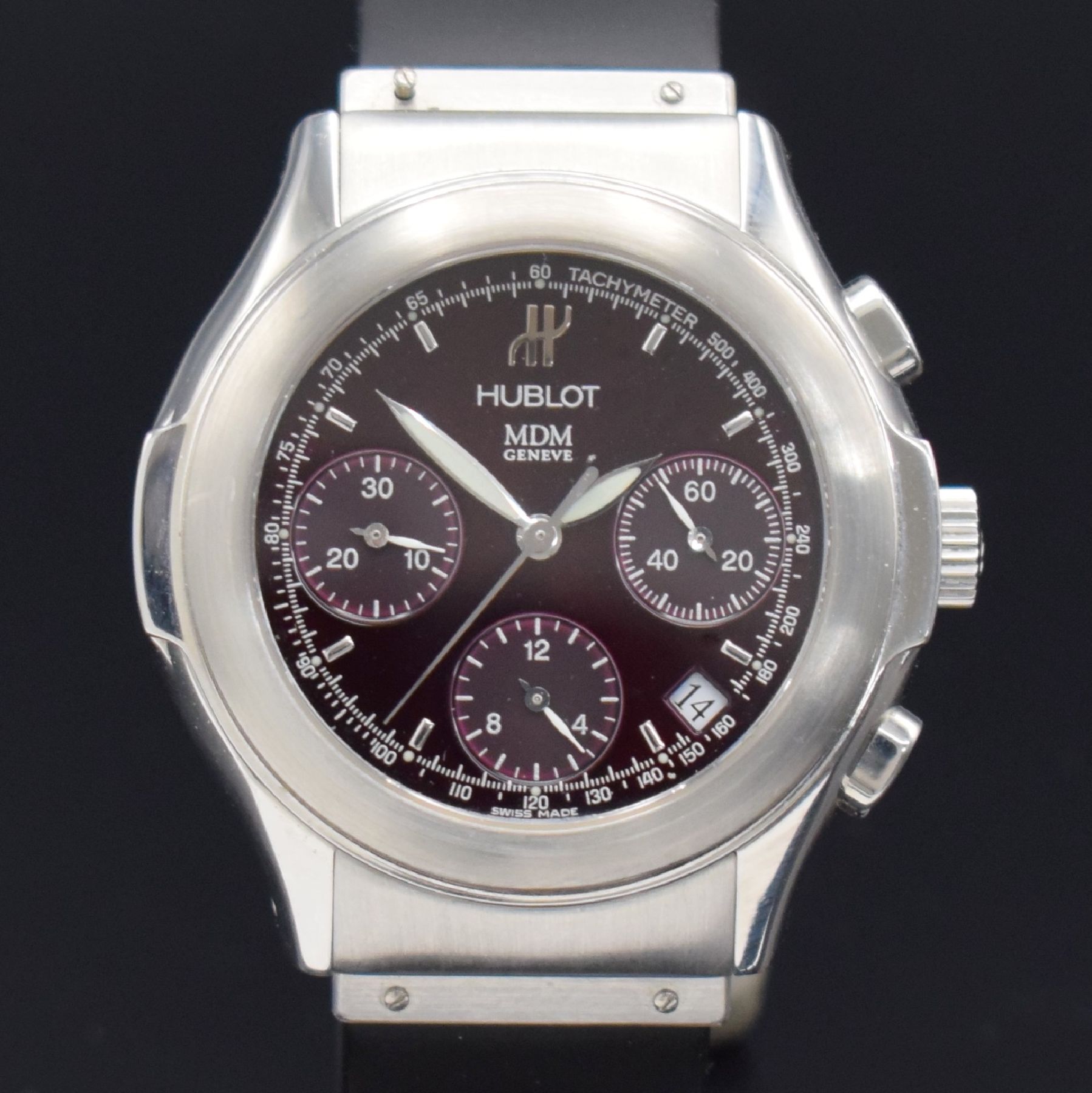 Detail c: HUBLOT MDM Armbandchronograph, Schweiz um 1998, Automatik, Ref. 1810.1, verschr. Gehäuse in Edelstahl, Kautschukbd. m. orig. dopp. Faltschl., sehr ...