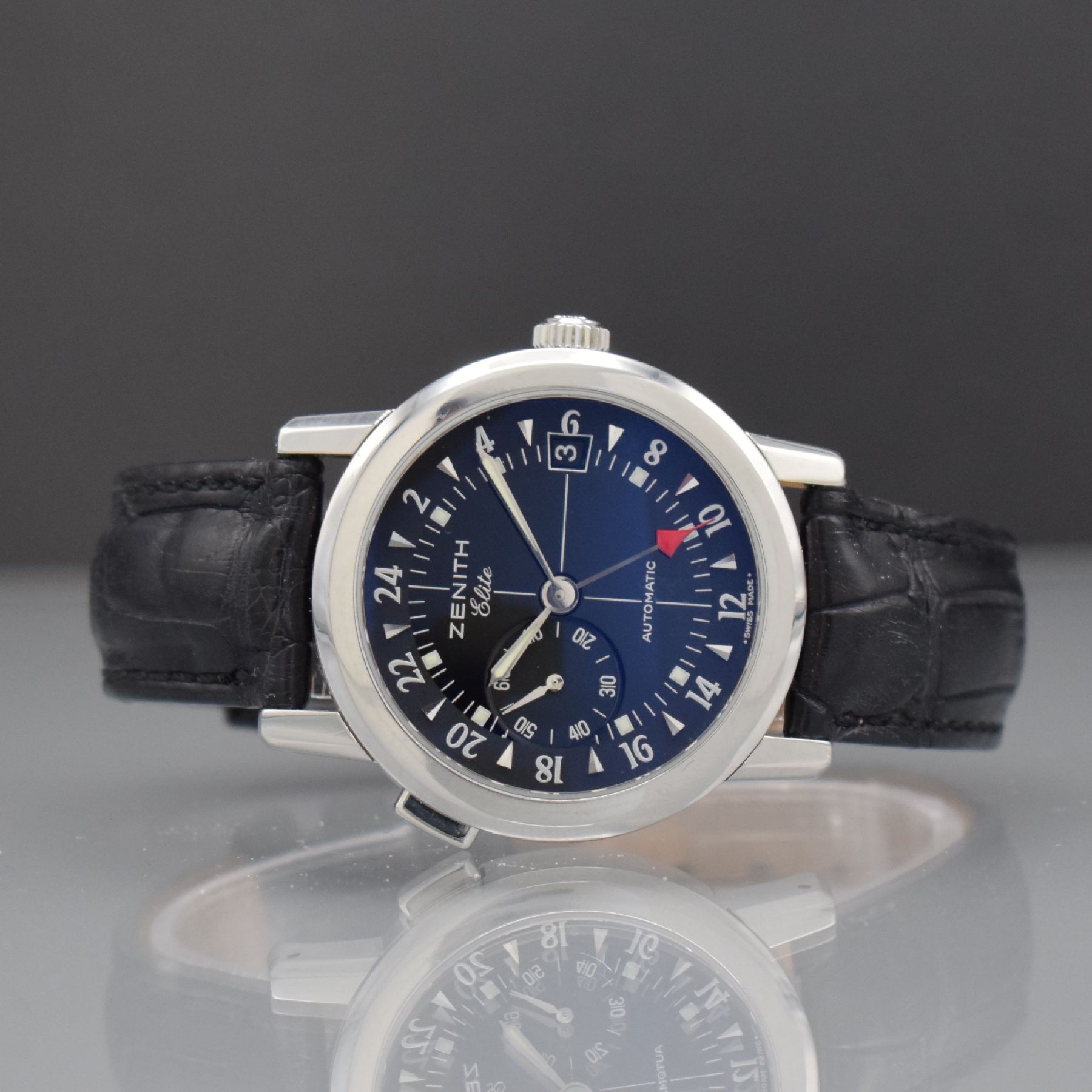 ZENITH Elite Port Royal V Herrenarmbanduhr mit 2er Zeitzone, Schweiz um 2005, Automatik, Ref. 01/02.0450.682, beids. vergl. Edelstahlgeh., Boden ...