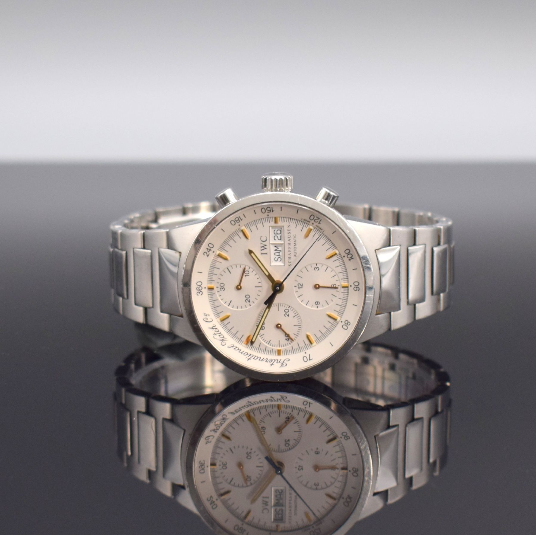 IWC GST Herrenarmbanduhr mit Chronograph Referenz 3707, Schweiz um 1999, Automatik, verschr. Edelstahlgeh., orig. Gliederband m. Faltschl., silb. ...