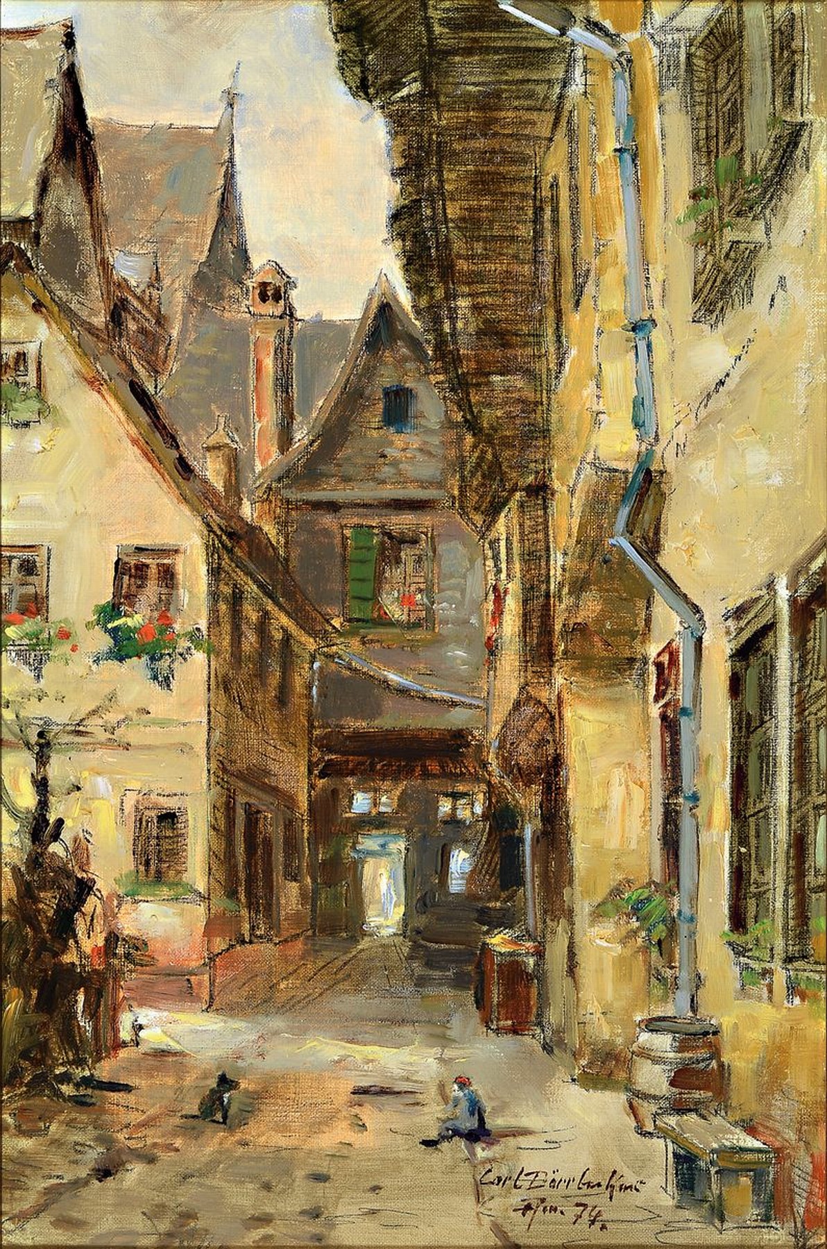 Carl Dörrbecker, 1894 - 1983,, Frankfurter Altstadtmaler, rückseitig, bezeichnet: hinter der Altegasse.. das Motiv der alten Häuser a.d. 15. ...