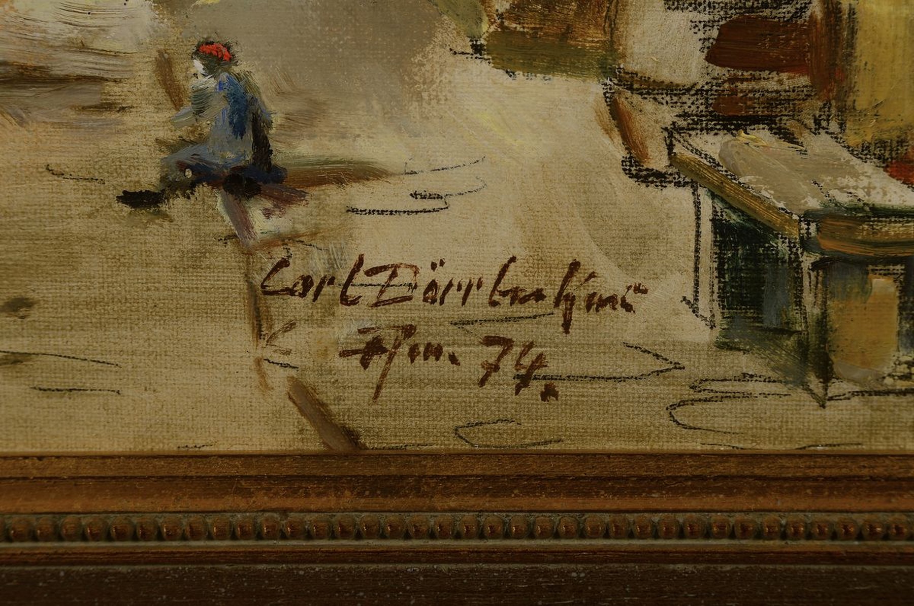Detail a: Carl Dörrbecker, 1894 - 1983,, Frankfurter Altstadtmaler, rückseitig, bezeichnet: hinter der Altegasse.. das Motiv der alten Häuser a.d. 15. ...