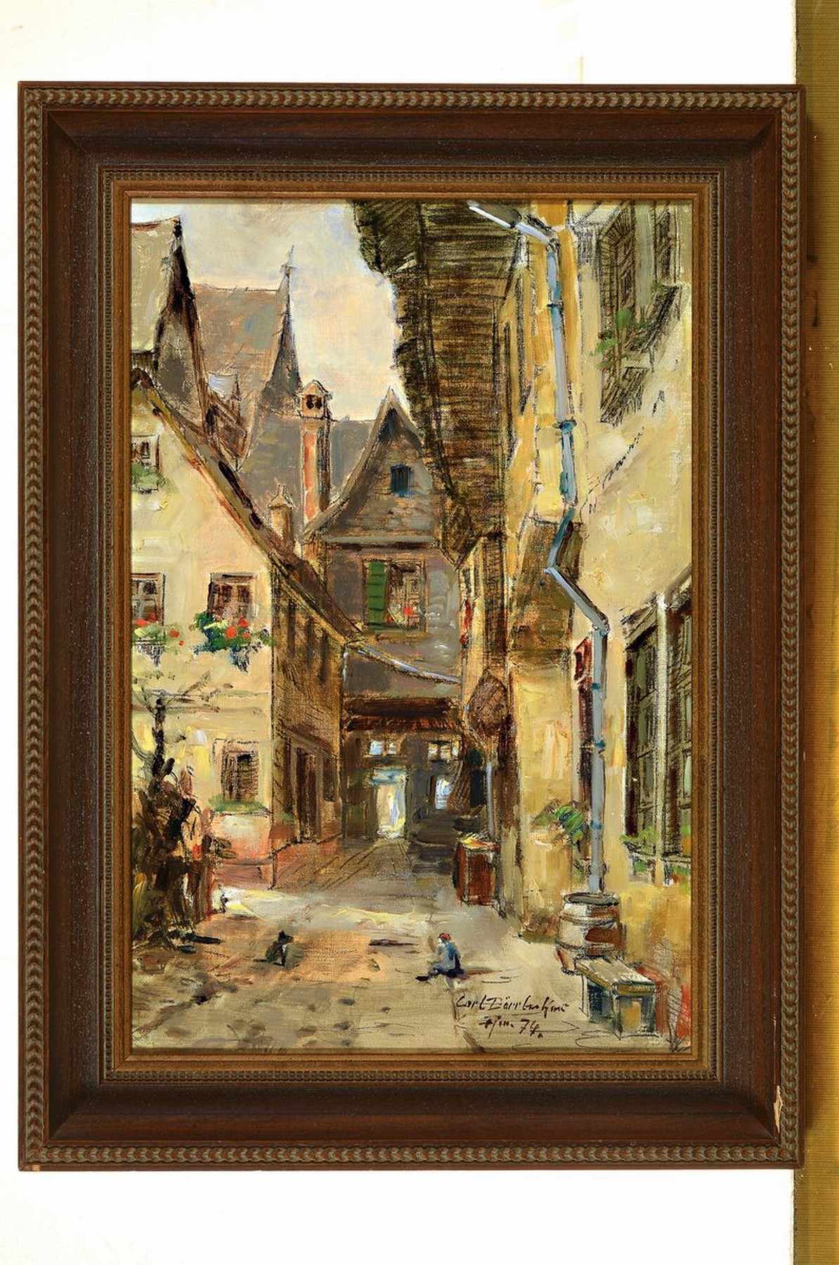 Detail k: Carl Dörrbecker, 1894 - 1983,, Frankfurter Altstadtmaler, rückseitig, bezeichnet: hinter der Altegasse.. das Motiv der alten Häuser a.d. 15. ...