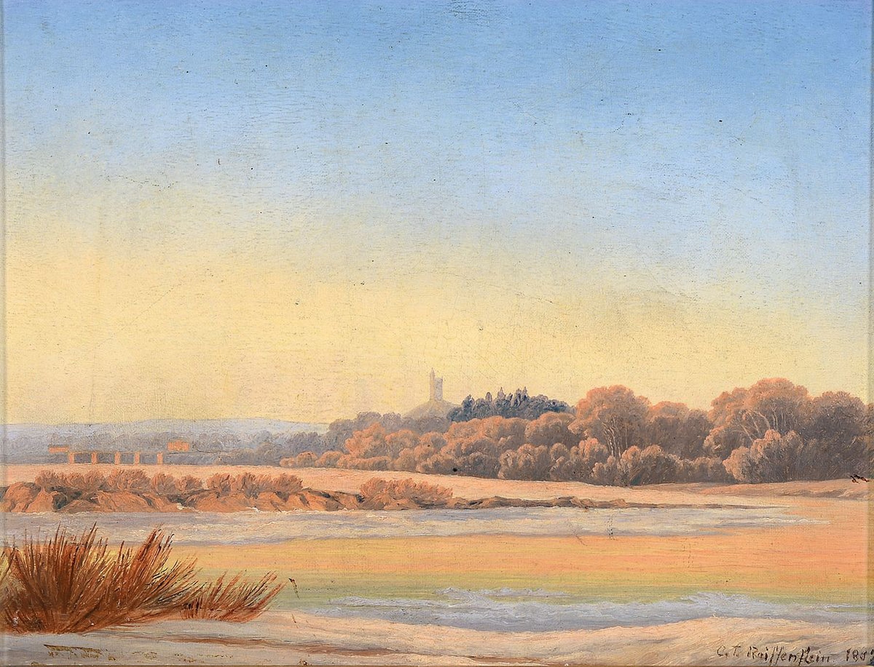Carl Theodor Reiffenstein, 1820, Frankfurt am Main - 1893, hier weite Flußlandschaft mit Blick auf ein entferntes Mittelgebirge, Öl, 19 x 26 cm, ...