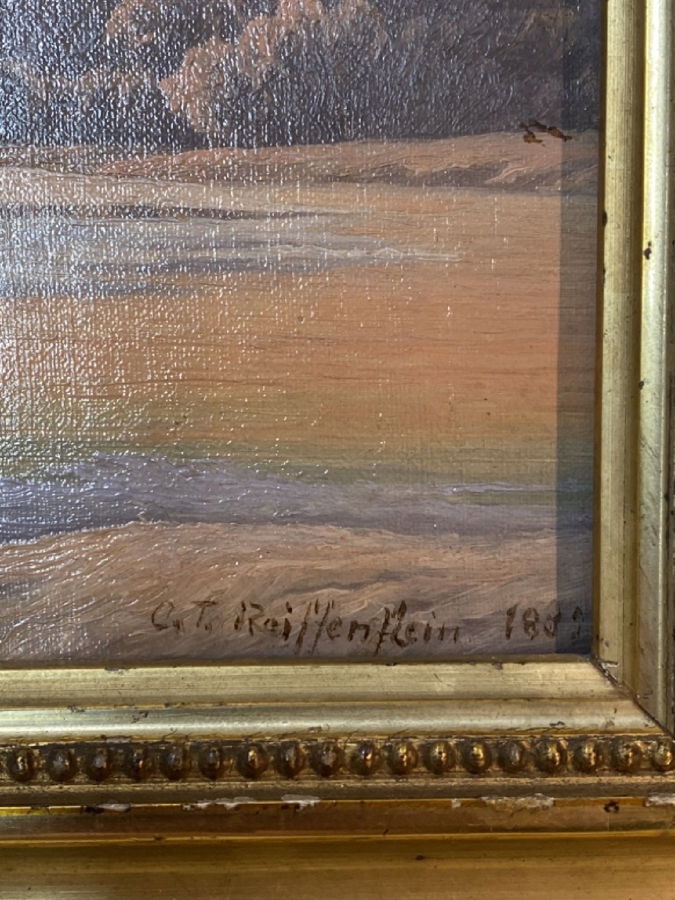 Detail e: Carl Theodor Reiffenstein, 1820, Frankfurt am Main - 1893, hier weite Flußlandschaft mit Blick auf ein entferntes Mittelgebirge, Öl, 19 x 26 cm, ...