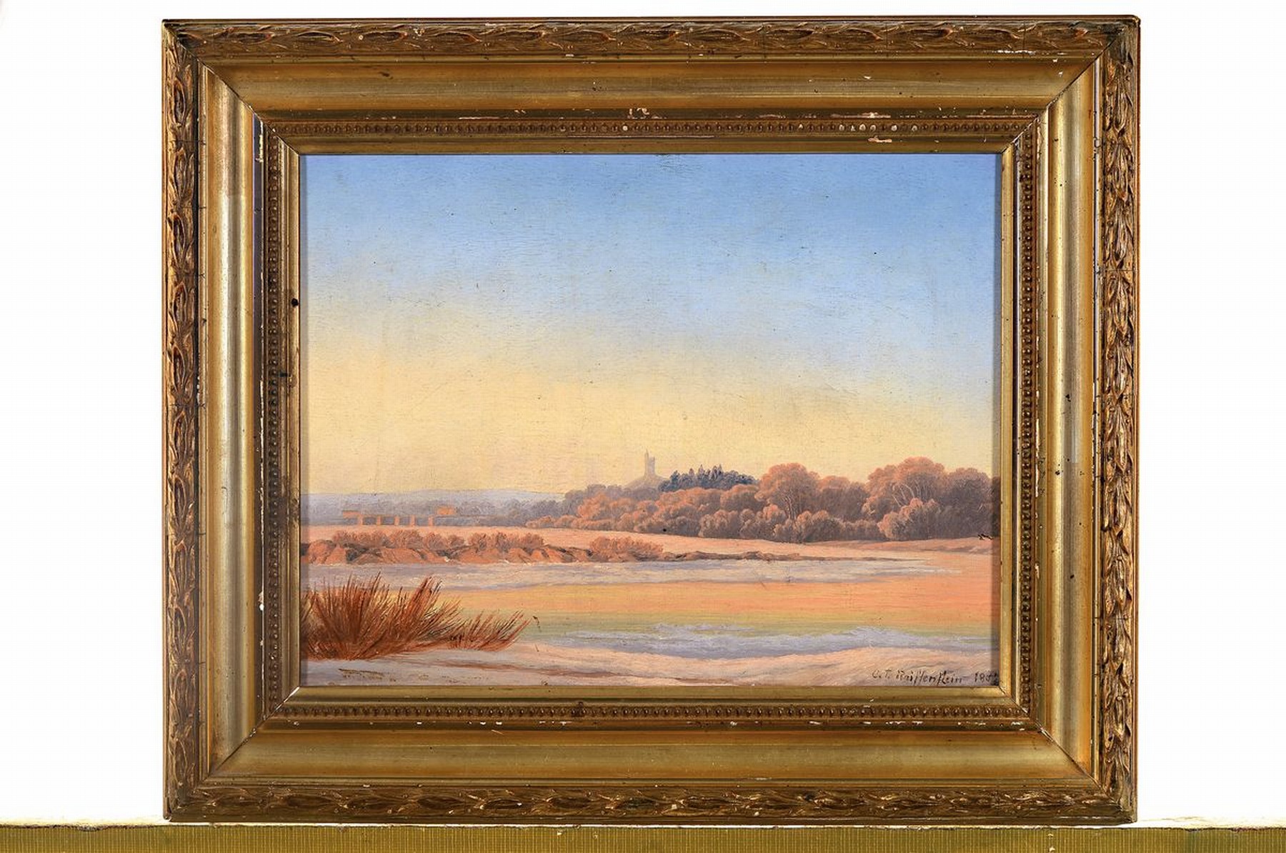 Detail k: Carl Theodor Reiffenstein, 1820, Frankfurt am Main - 1893, hier weite Flußlandschaft mit Blick auf ein entferntes Mittelgebirge, Öl, 19 x 26 cm, ...