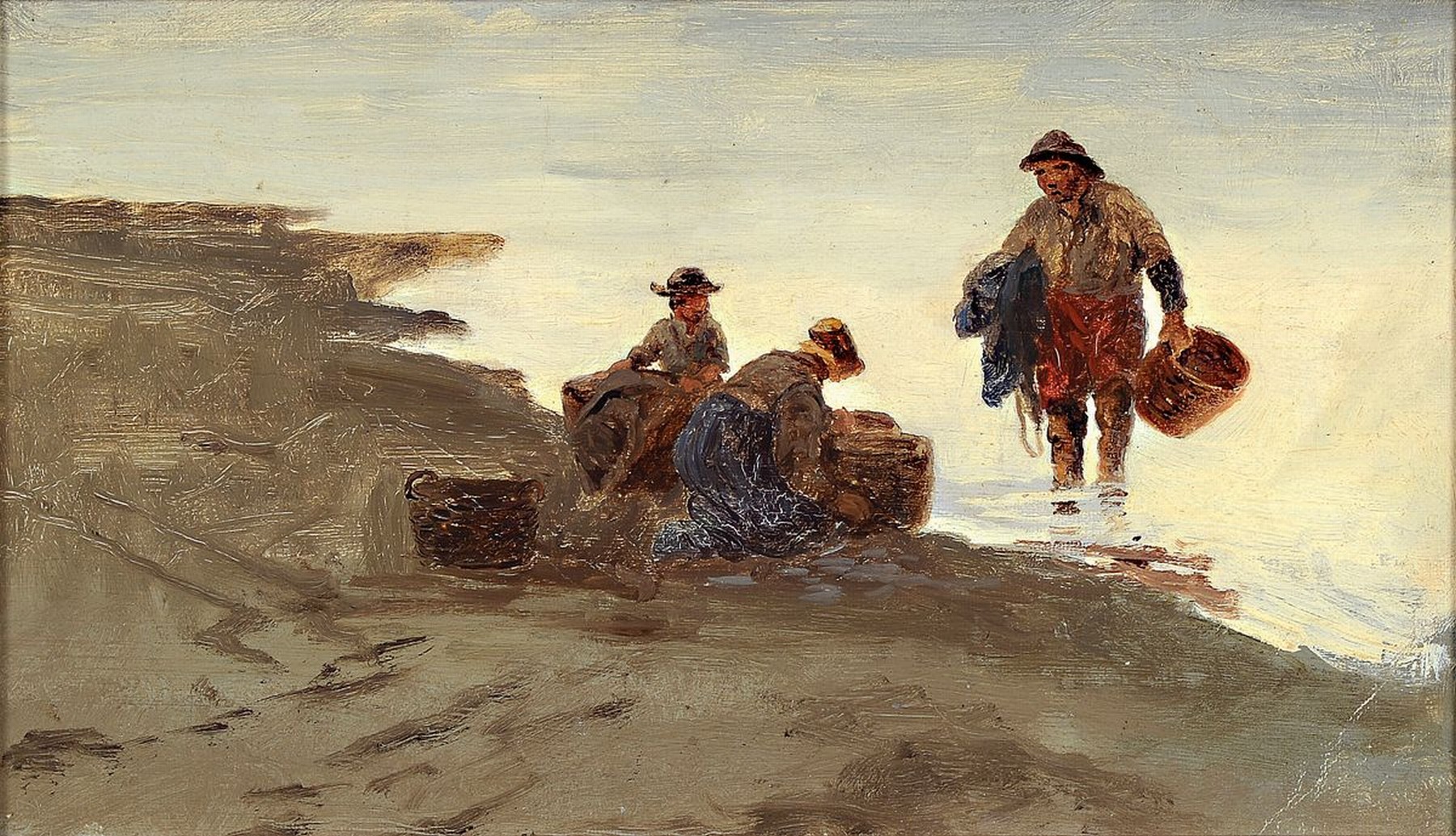 Richard Fresenius, 1844 - 1903,, Kronberger Maler, hier:, drei Fischer an der Küste, Öl/Malkarton,, verso mit Nachlass-Stempel, ca.19 x 32 cm