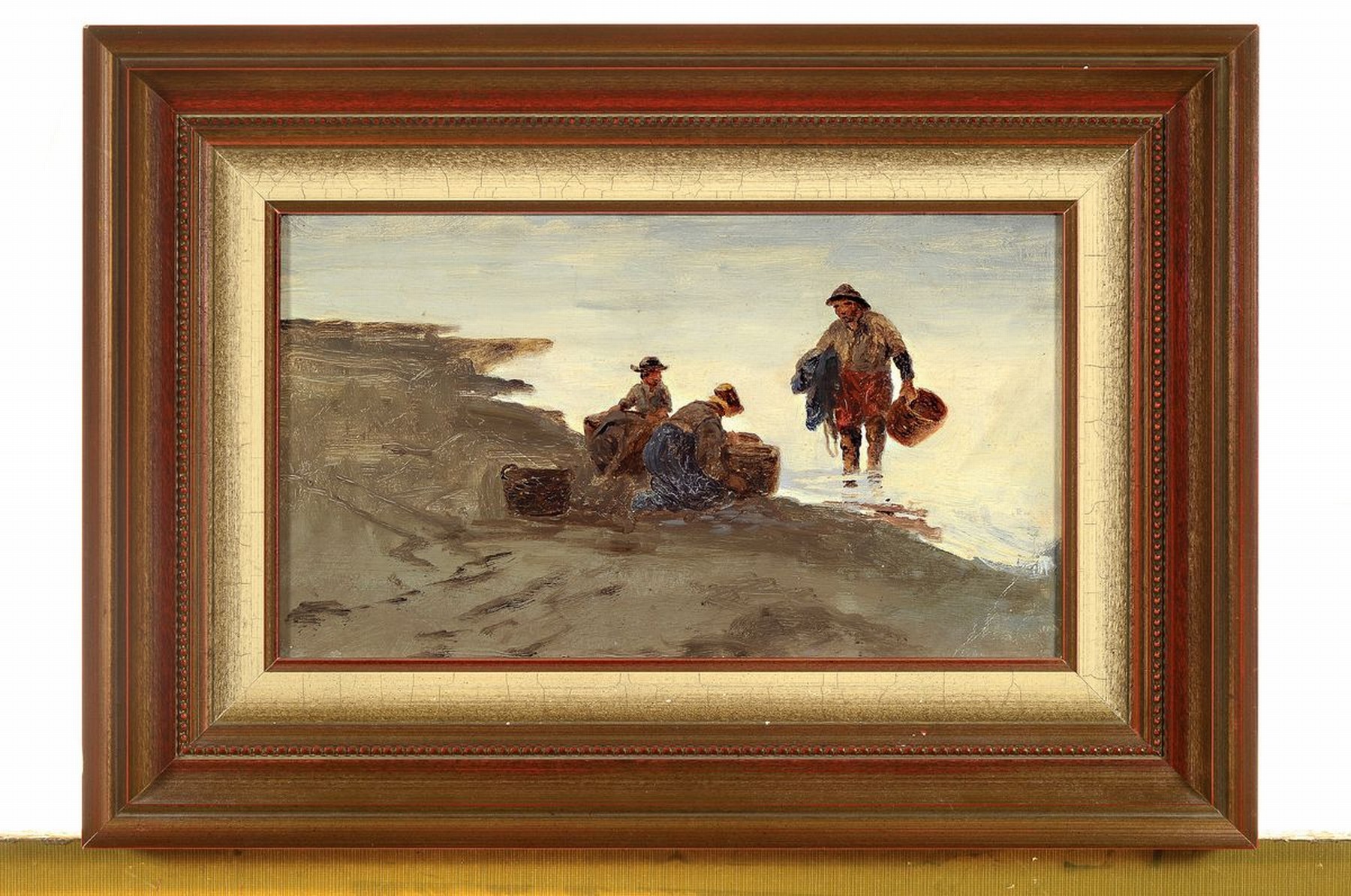 Detail k: Richard Fresenius, 1844 - 1903,, Kronberger Maler, hier:, drei Fischer an der Küste, Öl/Malkarton,, verso mit Nachlass-Stempel, ca.19 x 32 cm
