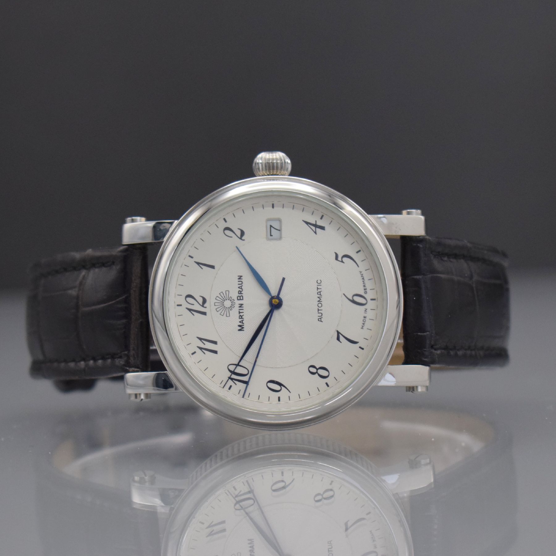MARTIN BRAUN seltene Armbanduhr Teutonia S, Automatik, Deutschland um 2006, 3-teil. Edelstahlgeh. inkl. orig. Lederband m. orig. Dornschl., beids. ...