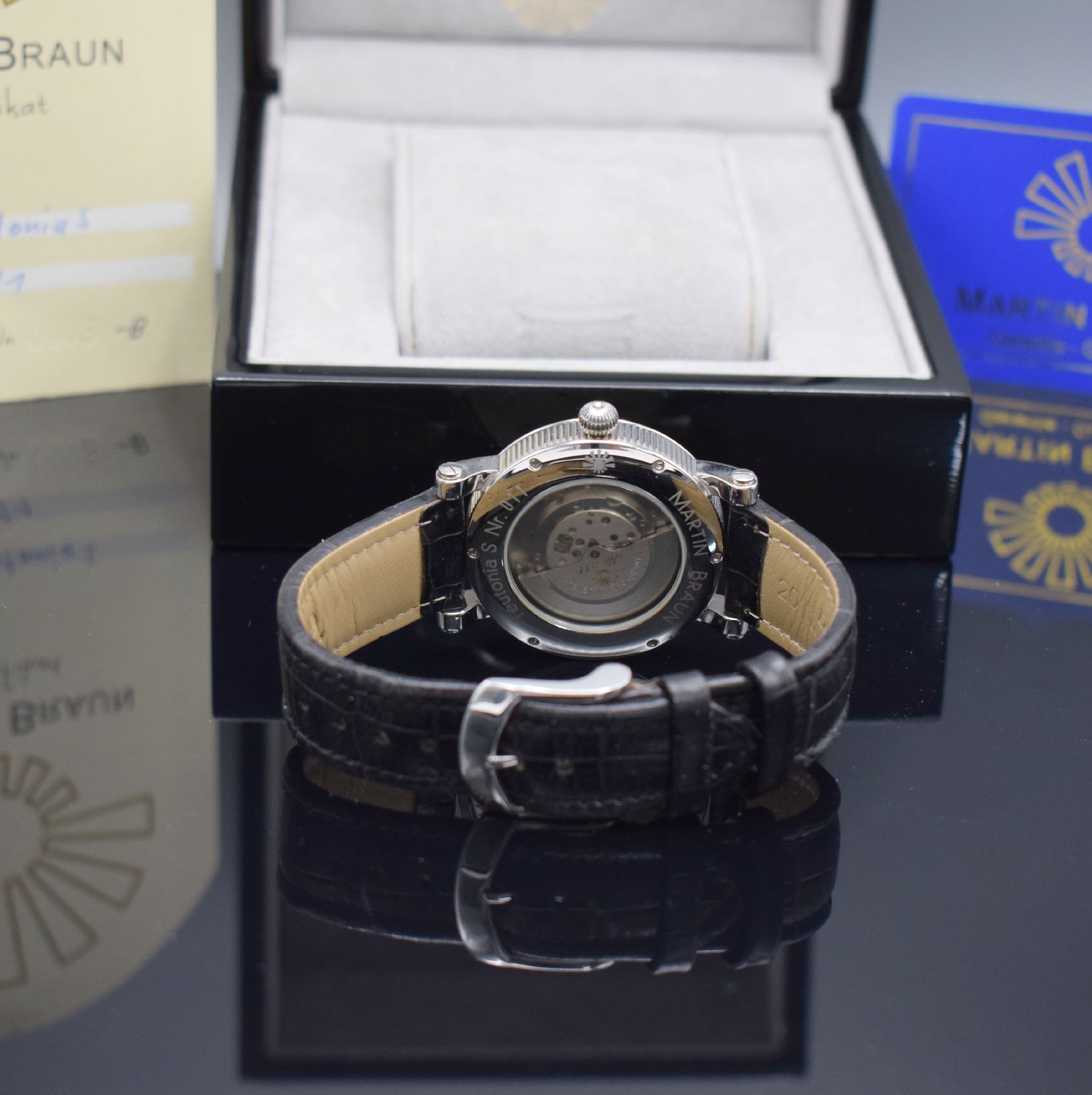 Detail g: MARTIN BRAUN seltene Armbanduhr Teutonia S, Automatik, Deutschland um 2006, 3-teil. Edelstahlgeh. inkl. orig. Lederband m. orig. Dornschl., beids. ...