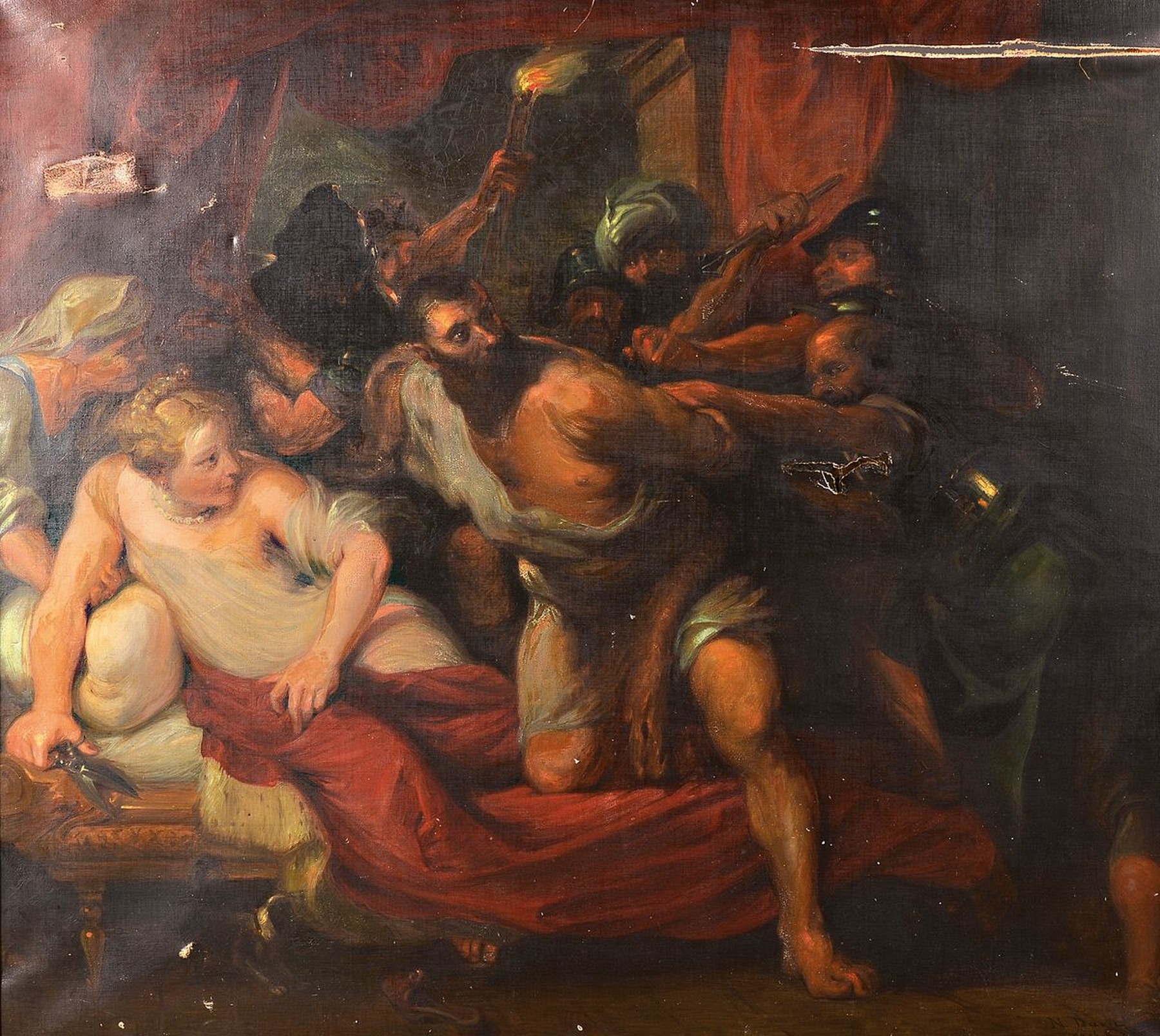 Süddeutscher Maler, nach Vorbild von Anthony Dyck, um 1830, Samson und Delilah, Öl/Lwd, mit größeren Leinwandschäden, ältere Restauration, ca. ...