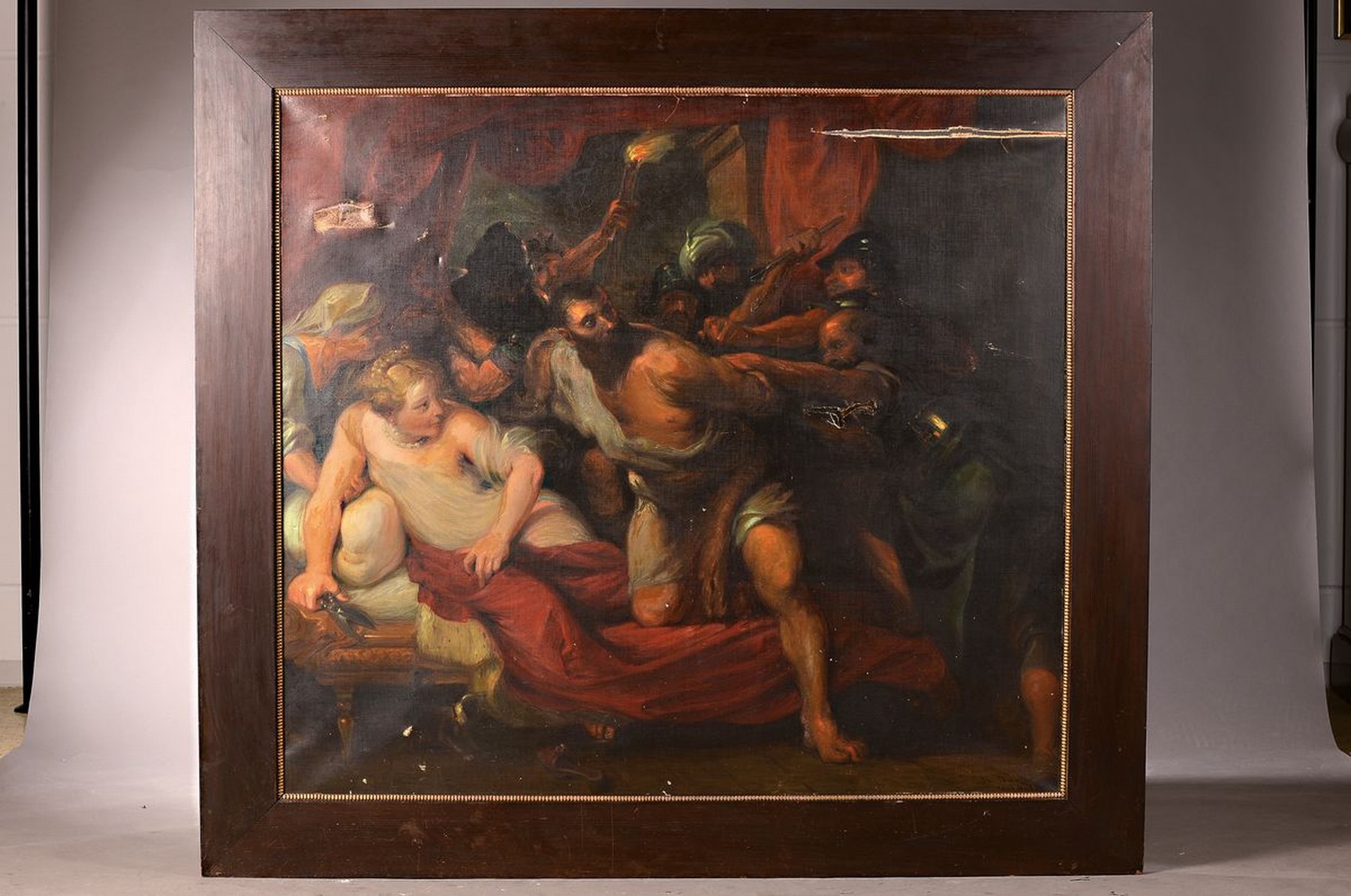 Detail k: Süddeutscher Maler, nach Vorbild von Anthony Dyck, um 1830, Samson und Delilah, Öl/Lwd, mit größeren Leinwandschäden, ältere Restauration, ca. ...