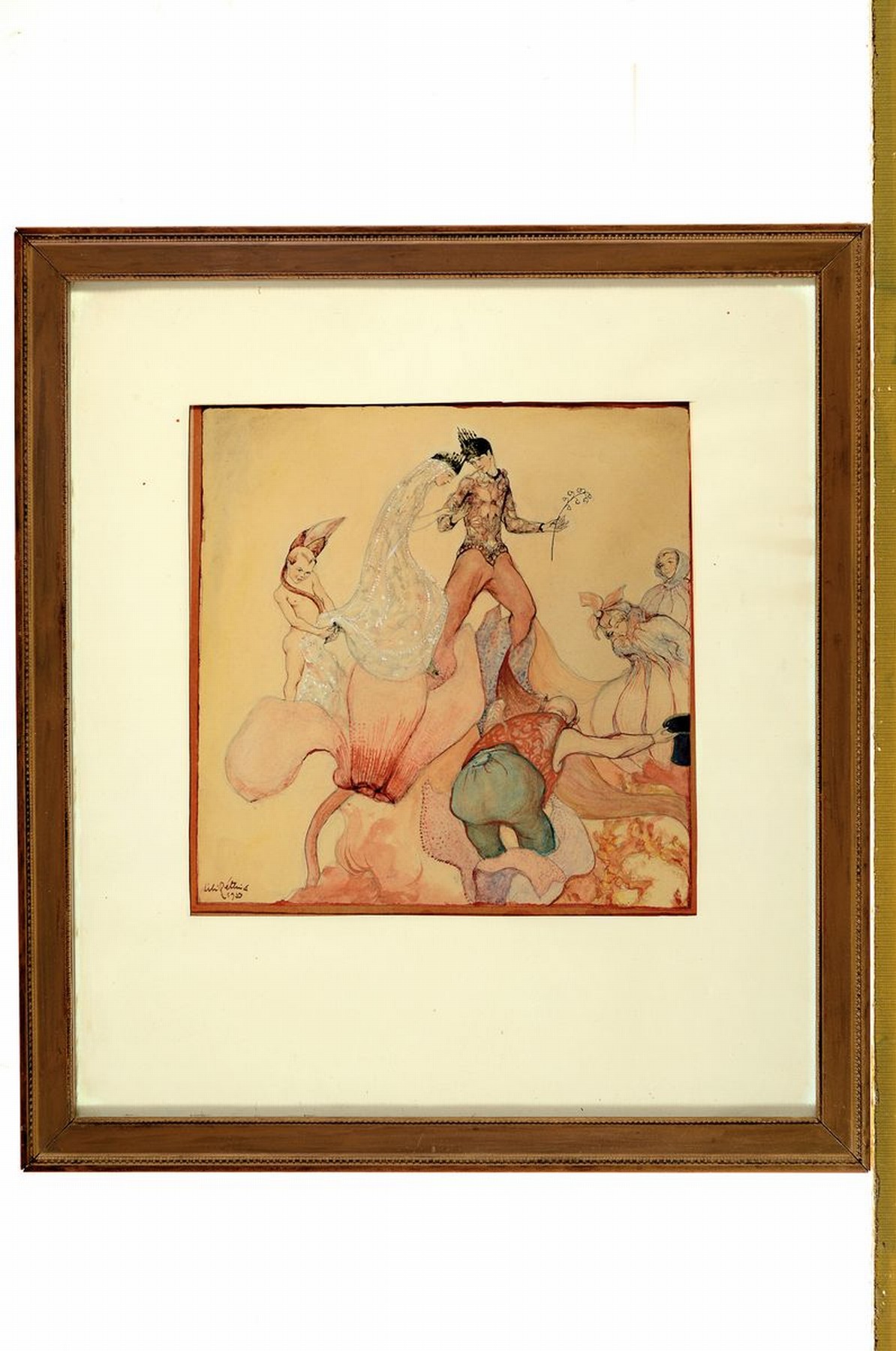 Detail k: Lili Rethi, 1894 Wien, lebte in New York 1969, wohl Darstellung einer Elfenhochzeit auf Blüten, märchenhafte Szenerie, feine Gouachemalerei auf ...