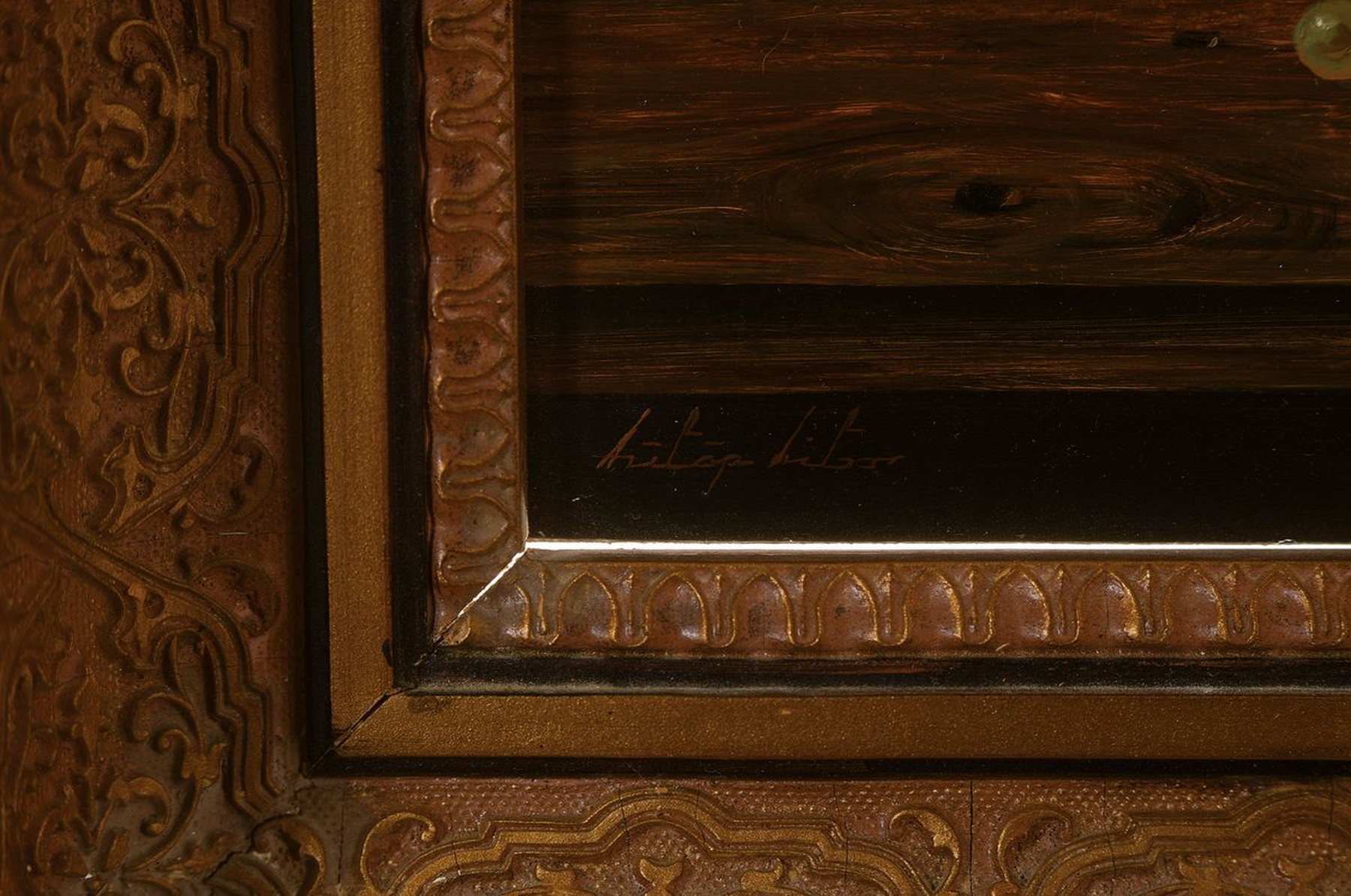 Detail a: Lutger Libor, zeitgenössischer Traditionalist, Stillleben mit Obst und Schmetterling, Öl/Holz, ca. 24 x 30 cm, Rahmen
