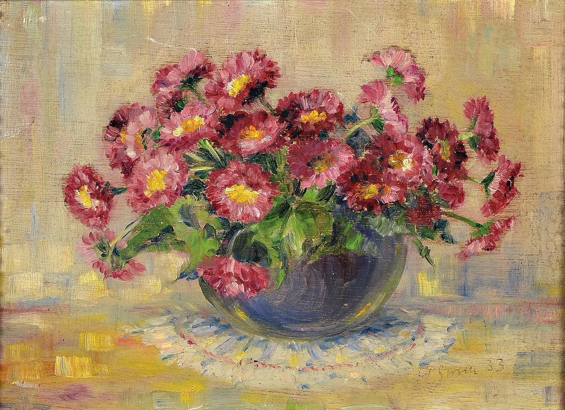 W. Strath, datiert 1933, Blumenstillleben, ÖL/Platte, signiert und dat. 33, ca. 23 x 30 cm