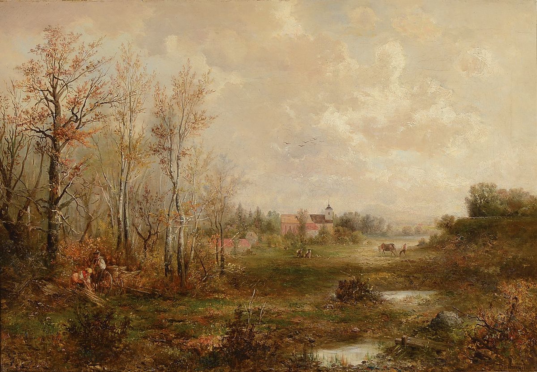 Emil Barbarini, 1855 Wien - 1933 Brunn, bäuerliche Landschaft, im Hintergrund Bauer mit Kaltblüter und Feldarbeiter, im Vordergrund zwei ...