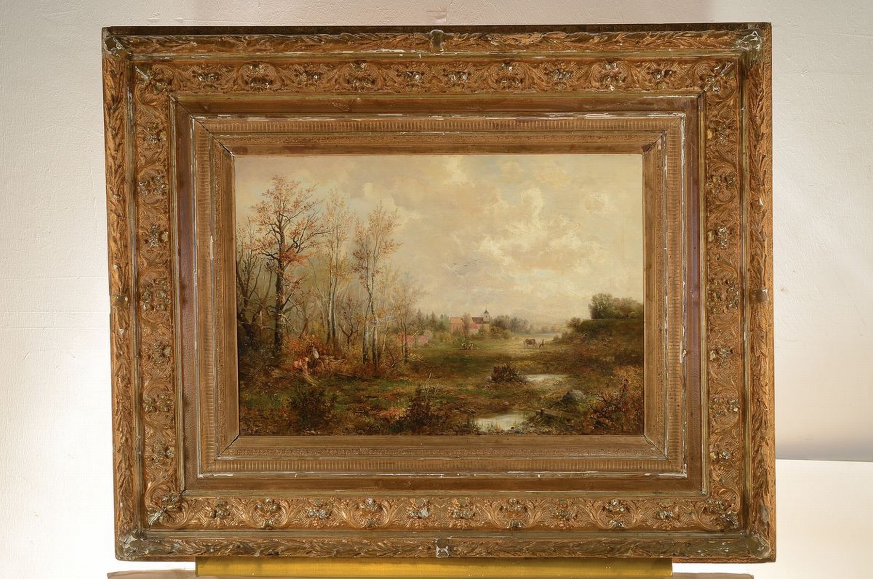 Detail k: Emil Barbarini, 1855 Wien - 1933 Brunn, bäuerliche Landschaft, im Hintergrund Bauer mit Kaltblüter und Feldarbeiter, im Vordergrund zwei ...