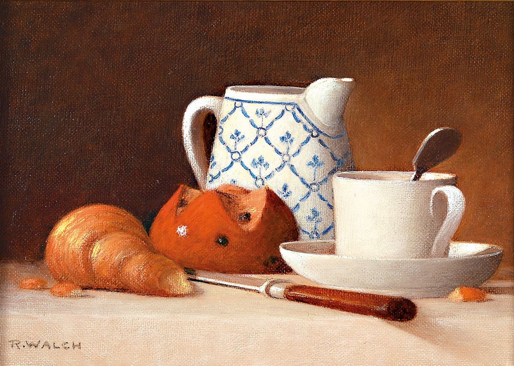 René Walch, geb. 1935, Öl/Lwd, zwei Stillleben, Mirabellen und Frühstücksgeschirr mit Croissant, ca. 14 x 18 cm, 16 x 23 cm