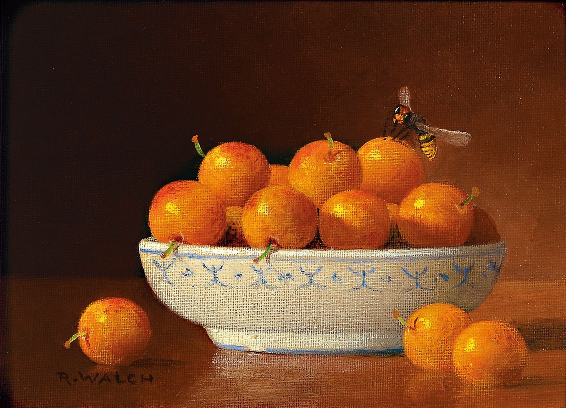 Detail a: René Walch, geb. 1935, Öl/Lwd, zwei Stillleben, Mirabellen und Frühstücksgeschirr mit Croissant, ca. 14 x 18 cm, 16 x 23 cm
