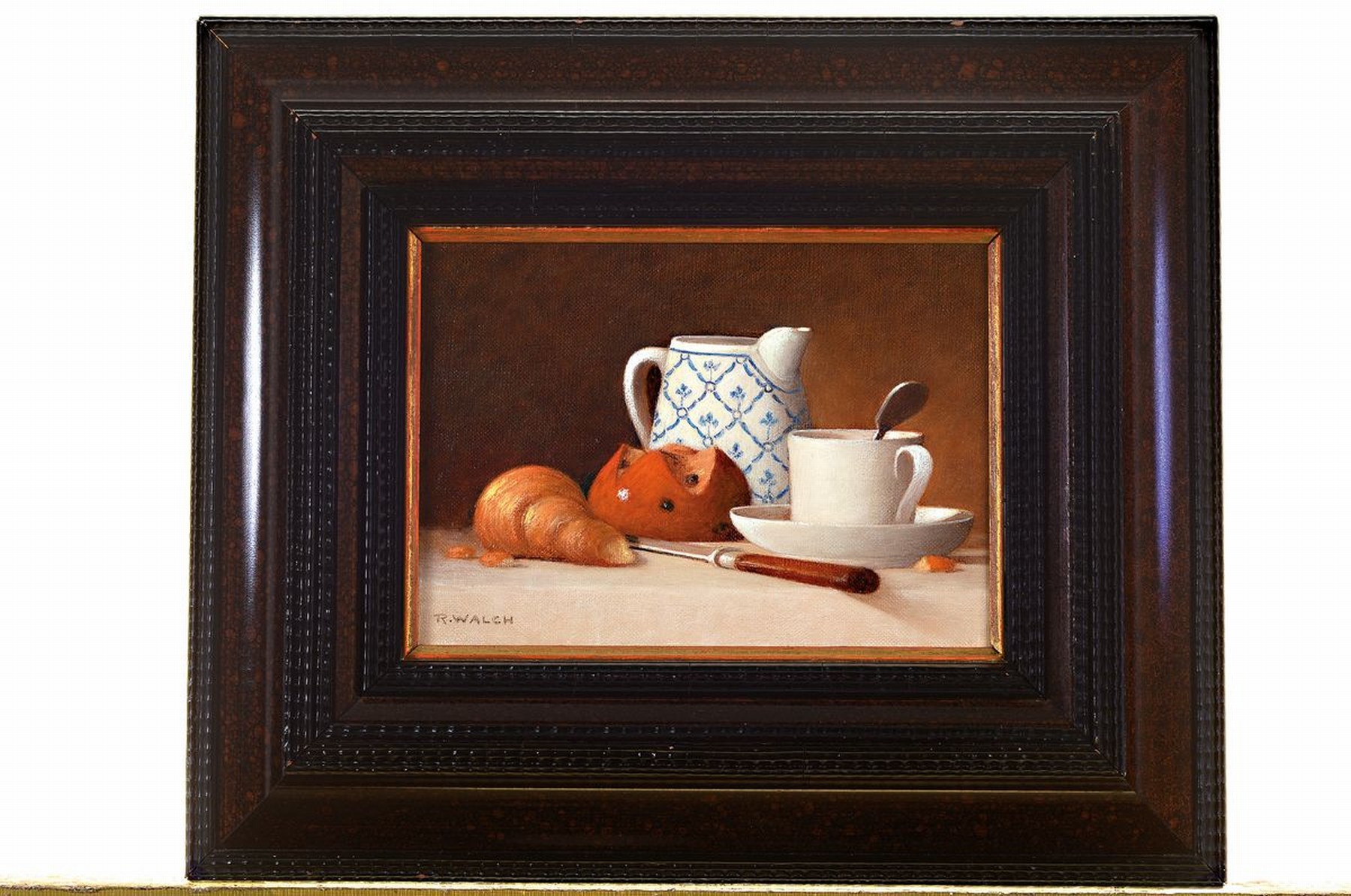 Detail k: René Walch, geb. 1935, Öl/Lwd, zwei Stillleben, Mirabellen und Frühstücksgeschirr mit Croissant, ca. 14 x 18 cm, 16 x 23 cm