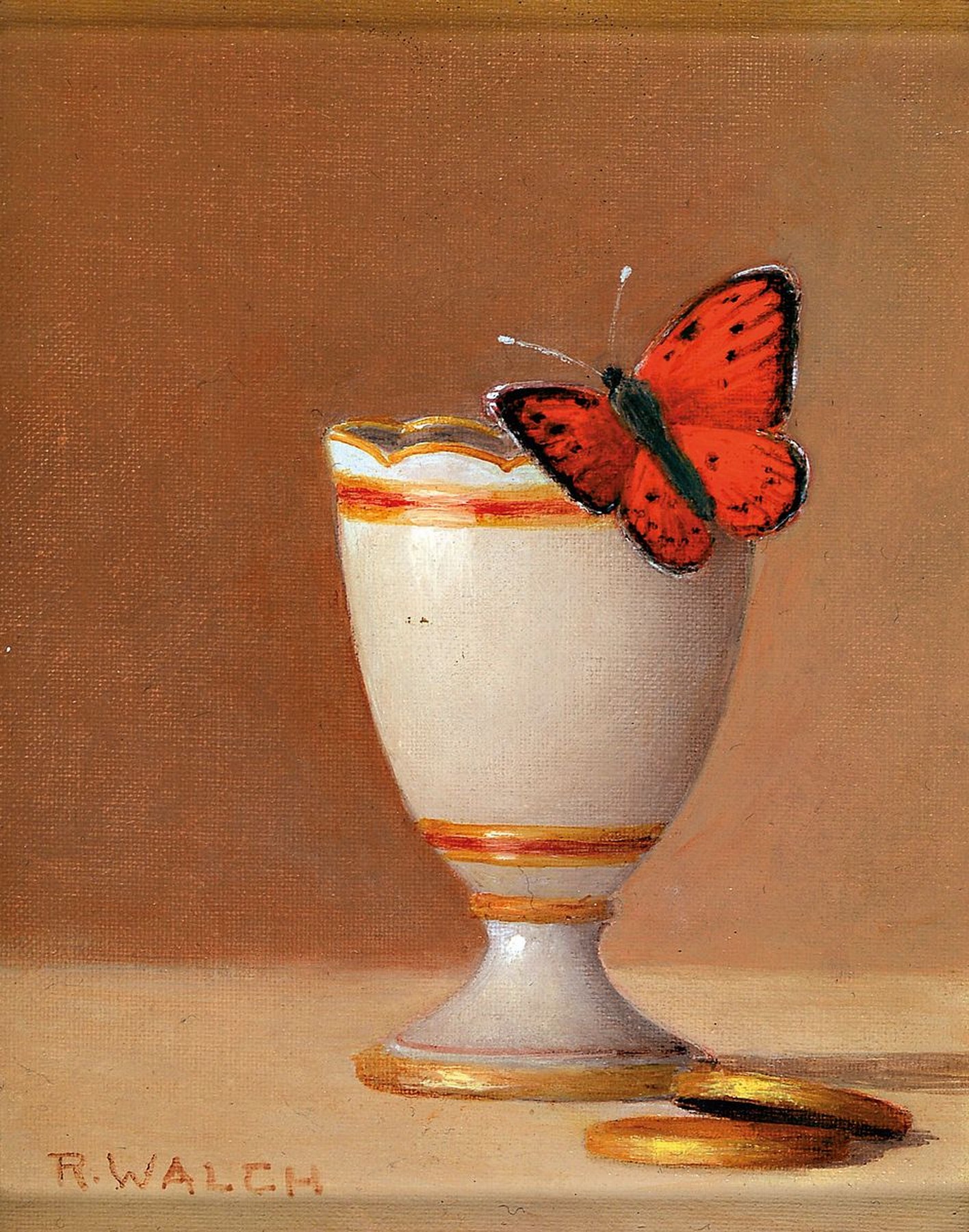 René Walch, geb. 1935, Öl/Lwd, drei Stillleben, Deckelgefäß mit Apfel und Obst, ca. 14 x 11cm, Pokalglas mit Schmetterling, 13.5 x 11 cm und Glas ...