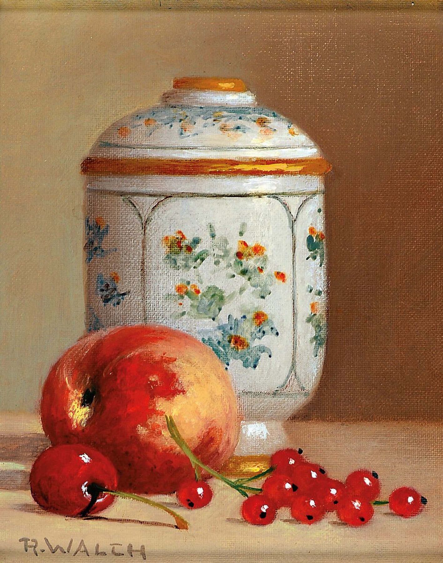 Detail a: René Walch, geb. 1935, Öl/Lwd, drei Stillleben, Deckelgefäß mit Apfel und Obst, ca. 14 x 11cm, Pokalglas mit Schmetterling, 13.5 x 11 cm und Glas ...