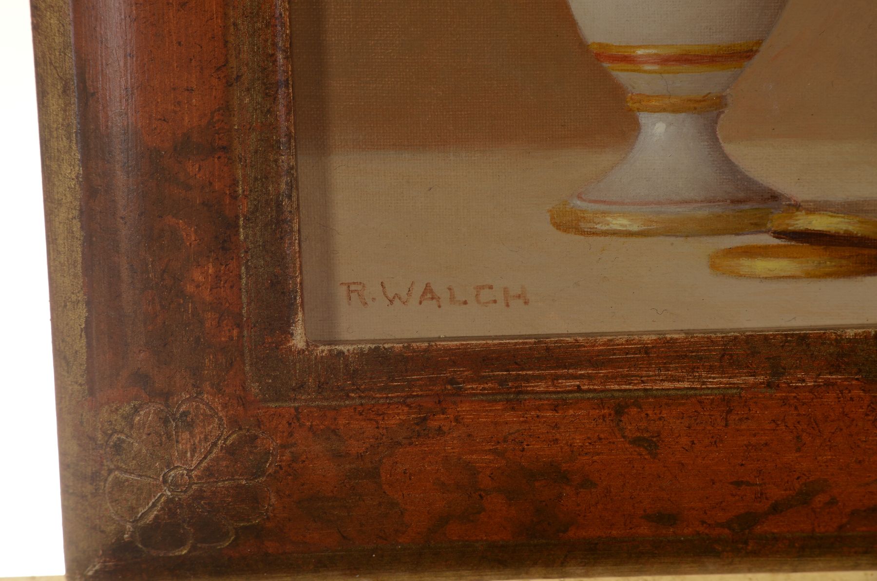 Detail c: René Walch, geb. 1935, Öl/Lwd, drei Stillleben, Deckelgefäß mit Apfel und Obst, ca. 14 x 11cm, Pokalglas mit Schmetterling, 13.5 x 11 cm und Glas ...