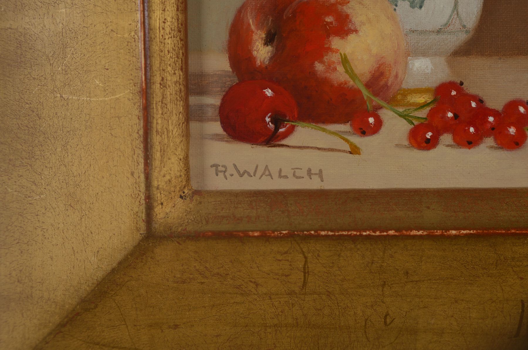 Detail d: René Walch, geb. 1935, Öl/Lwd, drei Stillleben, Deckelgefäß mit Apfel und Obst, ca. 14 x 11cm, Pokalglas mit Schmetterling, 13.5 x 11 cm und Glas ...