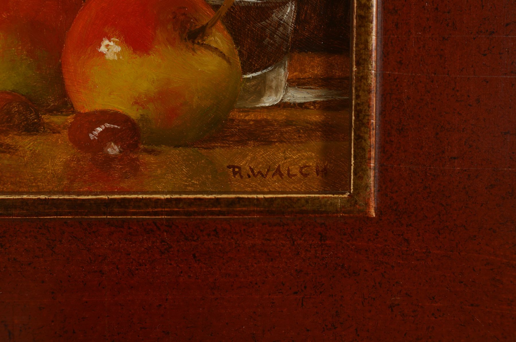 Detail e: René Walch, geb. 1935, Öl/Lwd, drei Stillleben, Deckelgefäß mit Apfel und Obst, ca. 14 x 11cm, Pokalglas mit Schmetterling, 13.5 x 11 cm und Glas ...