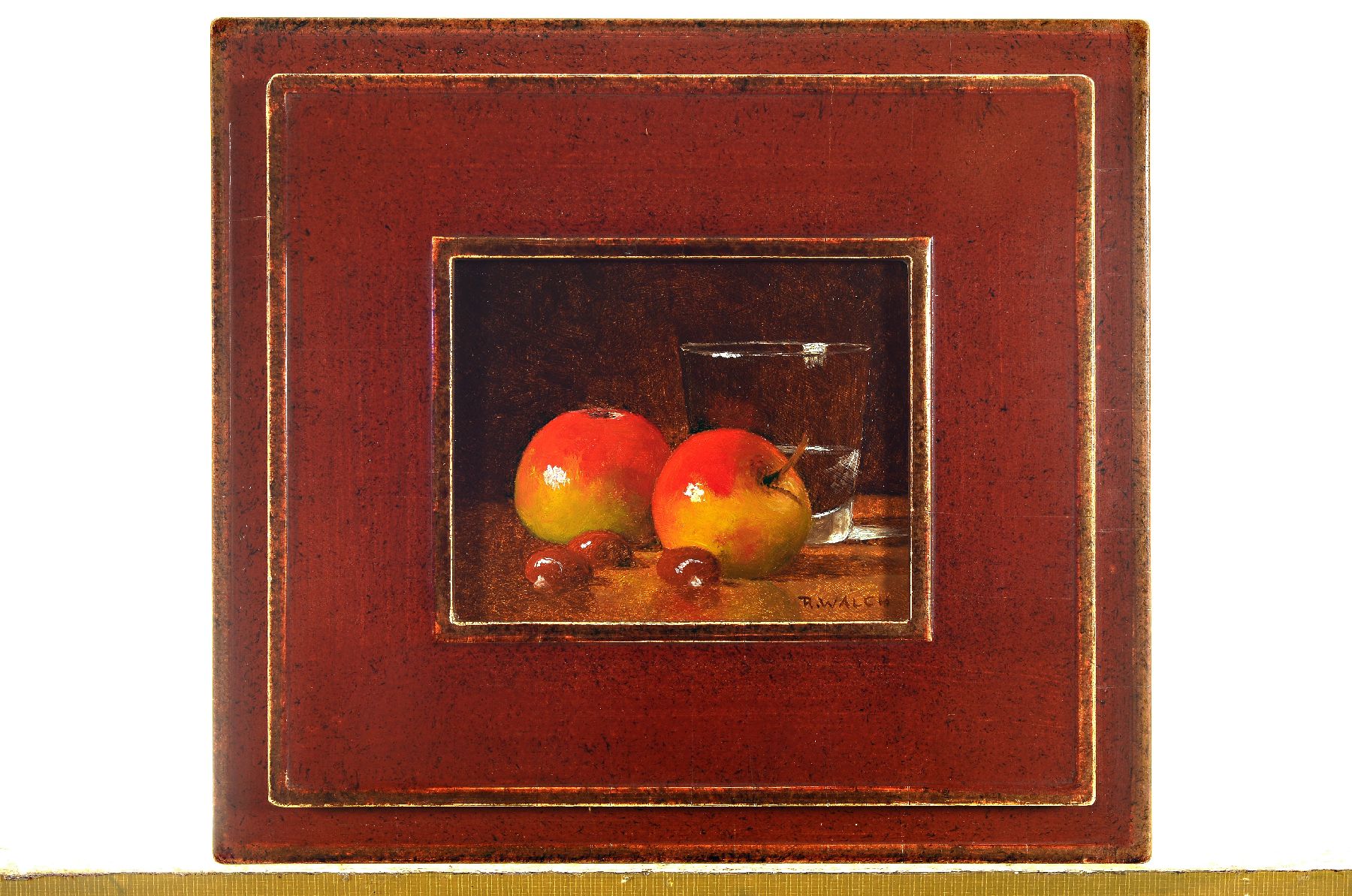 Detail f: René Walch, geb. 1935, Öl/Lwd, drei Stillleben, Deckelgefäß mit Apfel und Obst, ca. 14 x 11cm, Pokalglas mit Schmetterling, 13.5 x 11 cm und Glas ...