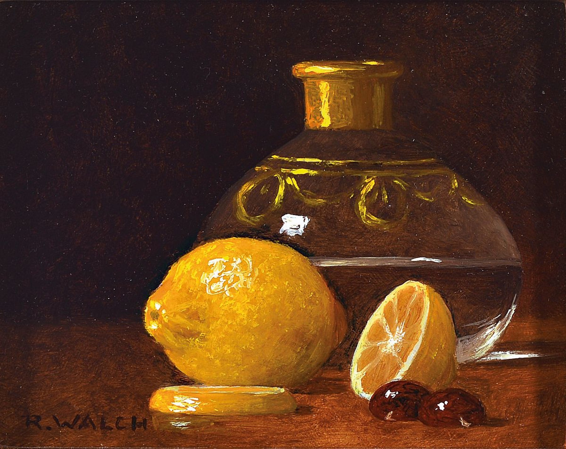 Detail a: René Walch, geb. 1935, Öl/Lwd, drei Stillleben, signiert, ca. 11 x 13.5 cm, grün gestaltete Holzrahmen ca. 22.5 x 25 cm