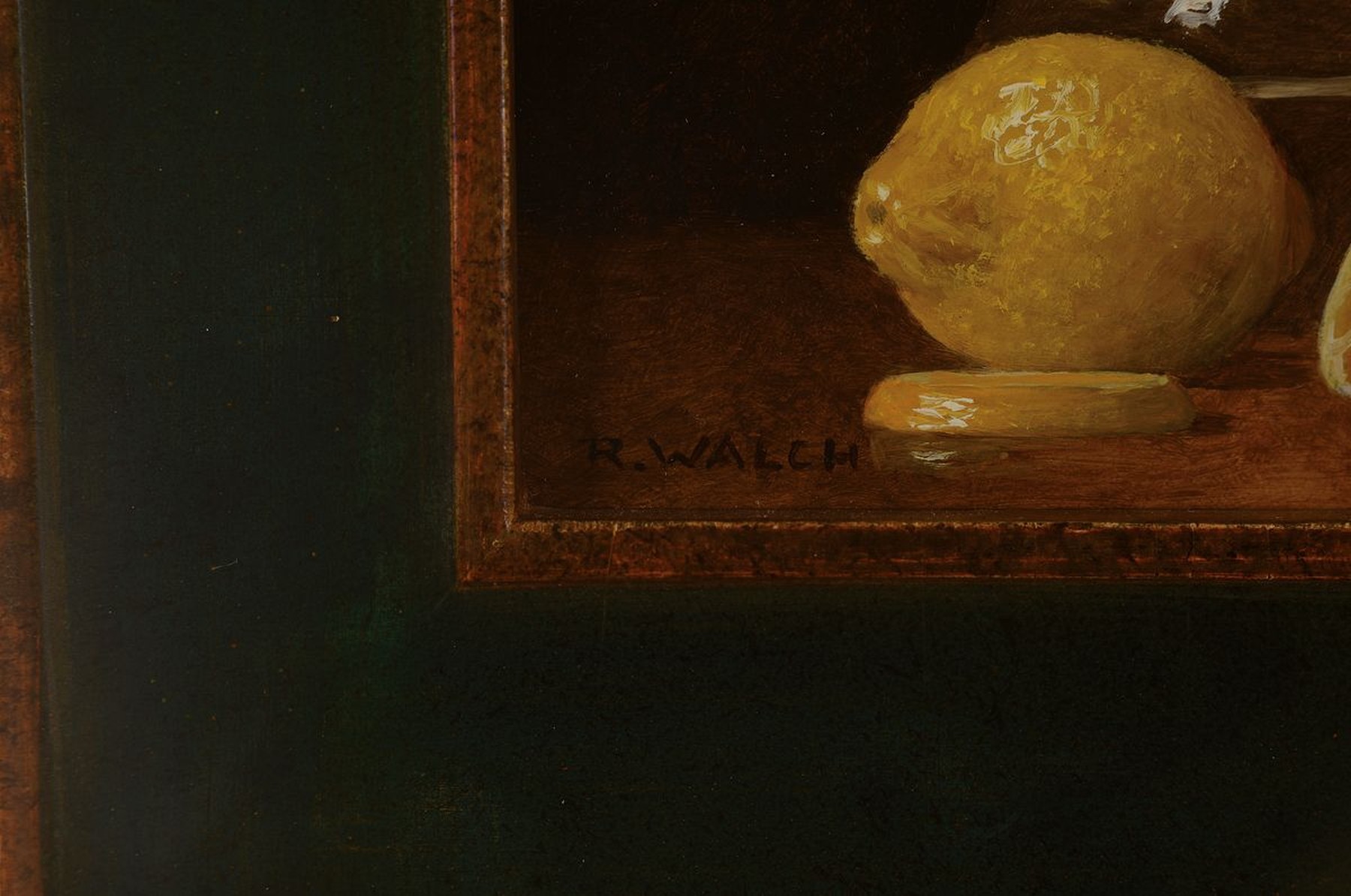 Detail b: René Walch, geb. 1935, Öl/Lwd, drei Stillleben, signiert, ca. 11 x 13.5 cm, grün gestaltete Holzrahmen ca. 22.5 x 25 cm