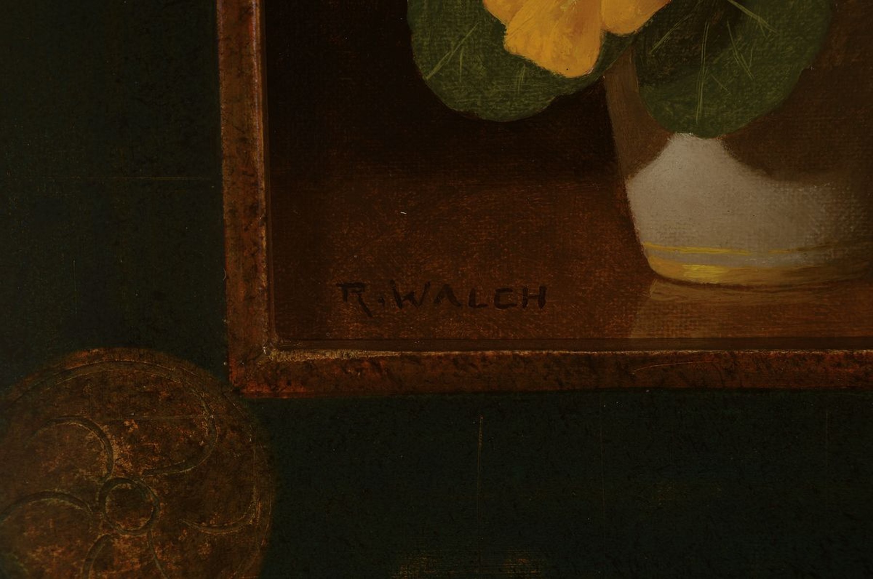Detail c: René Walch, geb. 1935, Öl/Lwd, drei Stillleben, signiert, ca. 11 x 13.5 cm, grün gestaltete Holzrahmen ca. 22.5 x 25 cm