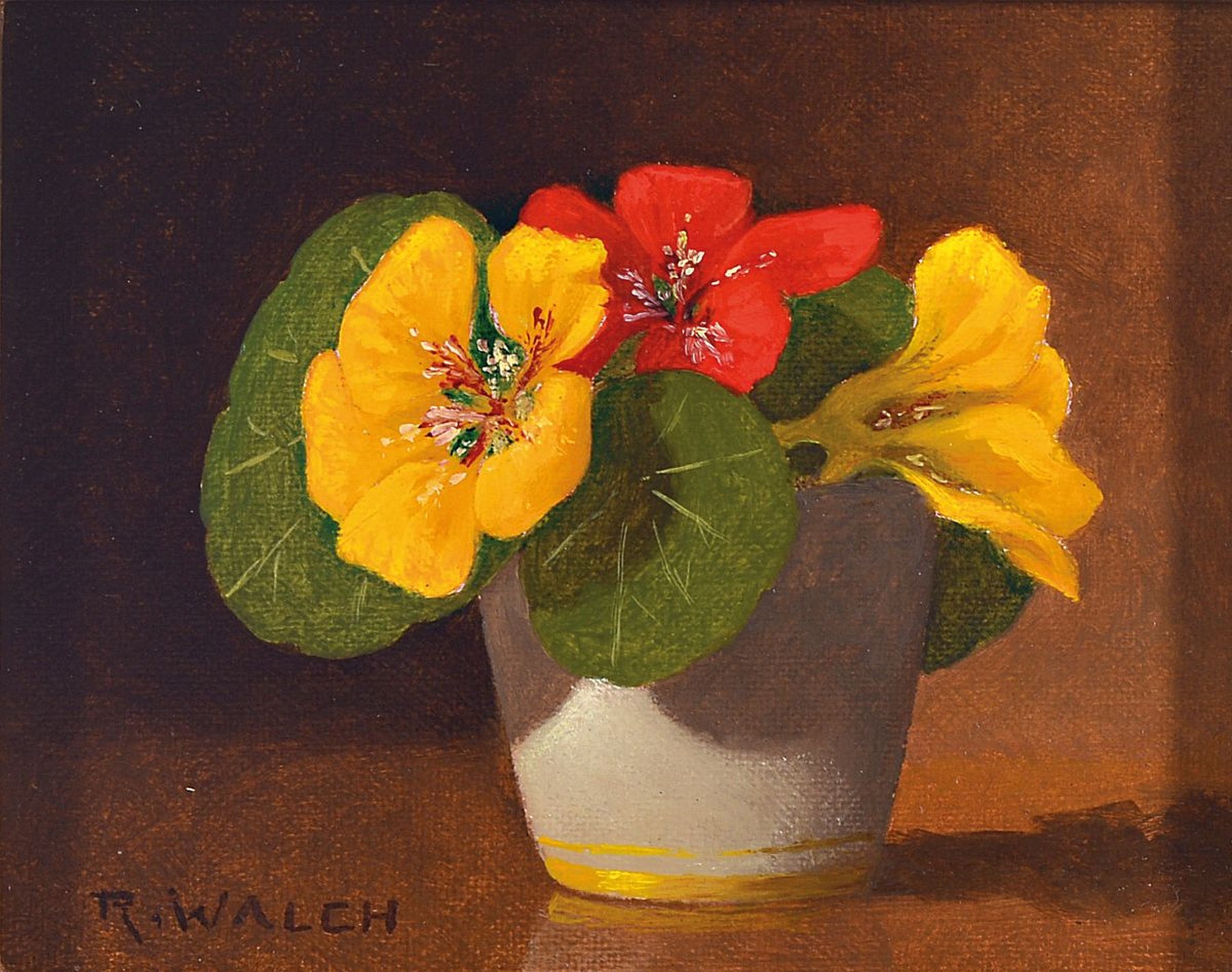 Detail d: René Walch, geb. 1935, Öl/Lwd, drei Stillleben, signiert, ca. 11 x 13.5 cm, grün gestaltete Holzrahmen ca. 22.5 x 25 cm