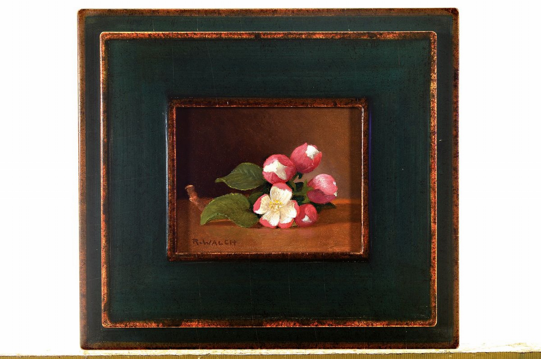 Detail k: René Walch, geb. 1935, Öl/Lwd, drei Stillleben, signiert, ca. 11 x 13.5 cm, grün gestaltete Holzrahmen ca. 22.5 x 25 cm