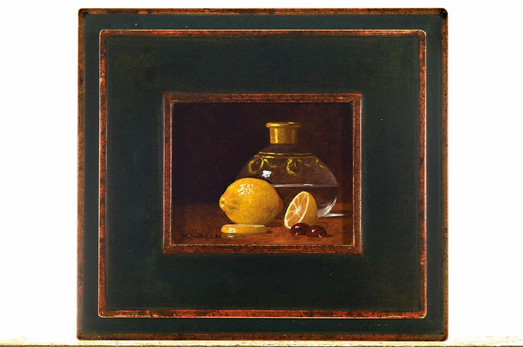 Detail l: René Walch, geb. 1935, Öl/Lwd, drei Stillleben, signiert, ca. 11 x 13.5 cm, grün gestaltete Holzrahmen ca. 22.5 x 25 cm
