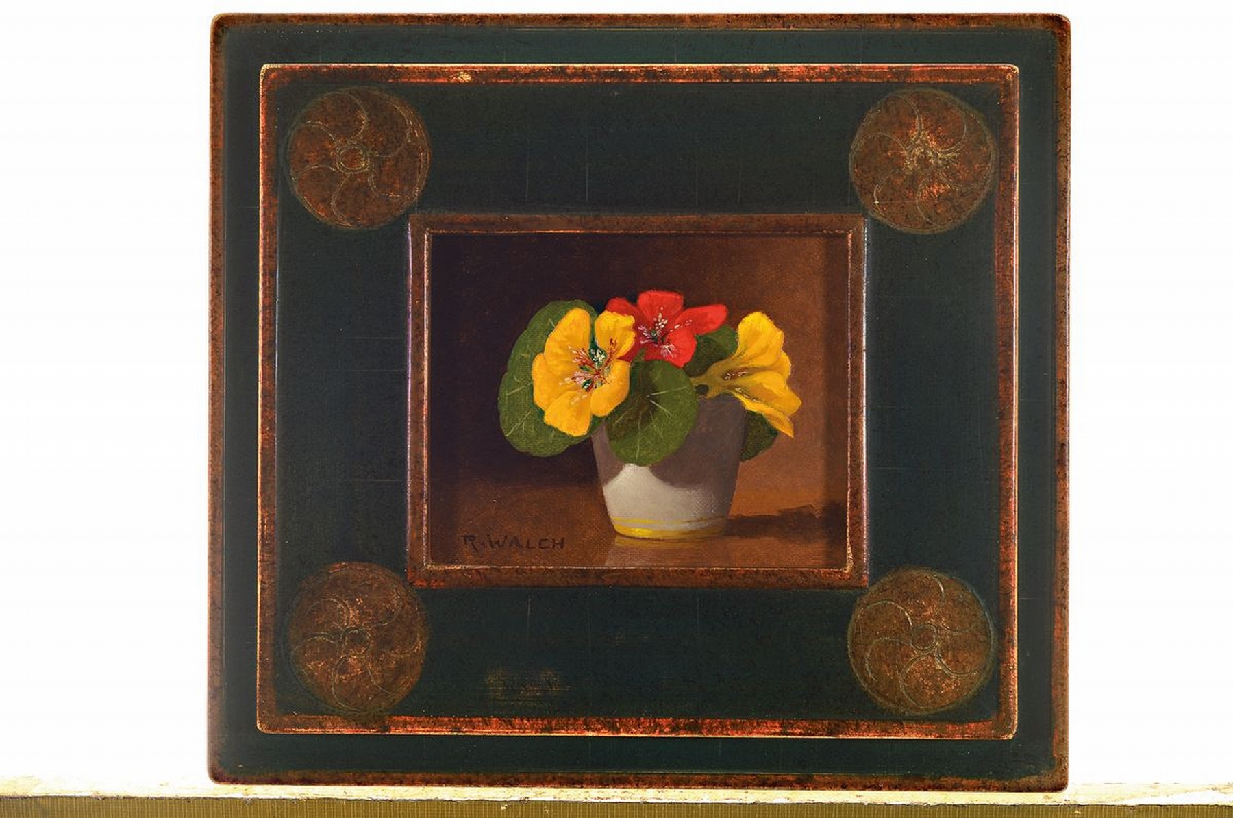 Detail o: René Walch, geb. 1935, Öl/Lwd, drei Stillleben, signiert, ca. 11 x 13.5 cm, grün gestaltete Holzrahmen ca. 22.5 x 25 cm