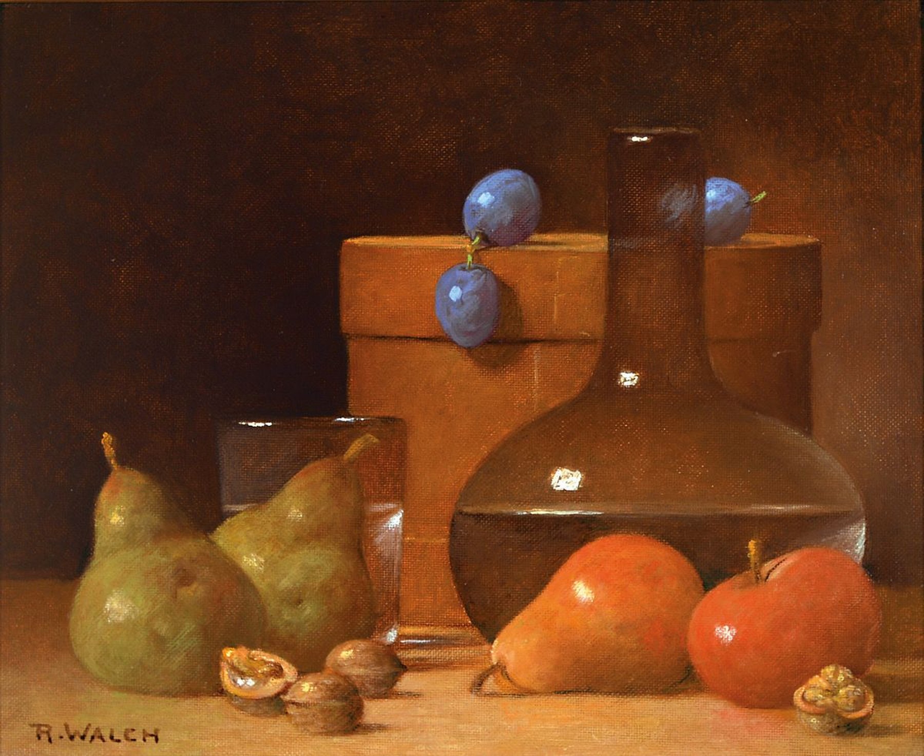 René Walch, geb. 1935, Öl/Lwd, zwei Stillleben, signiert, Küchenmotive, Gefäße mit Birnen, Äpfel und Trauben ca. 22 x 27 cm, Gefäß mit ...
