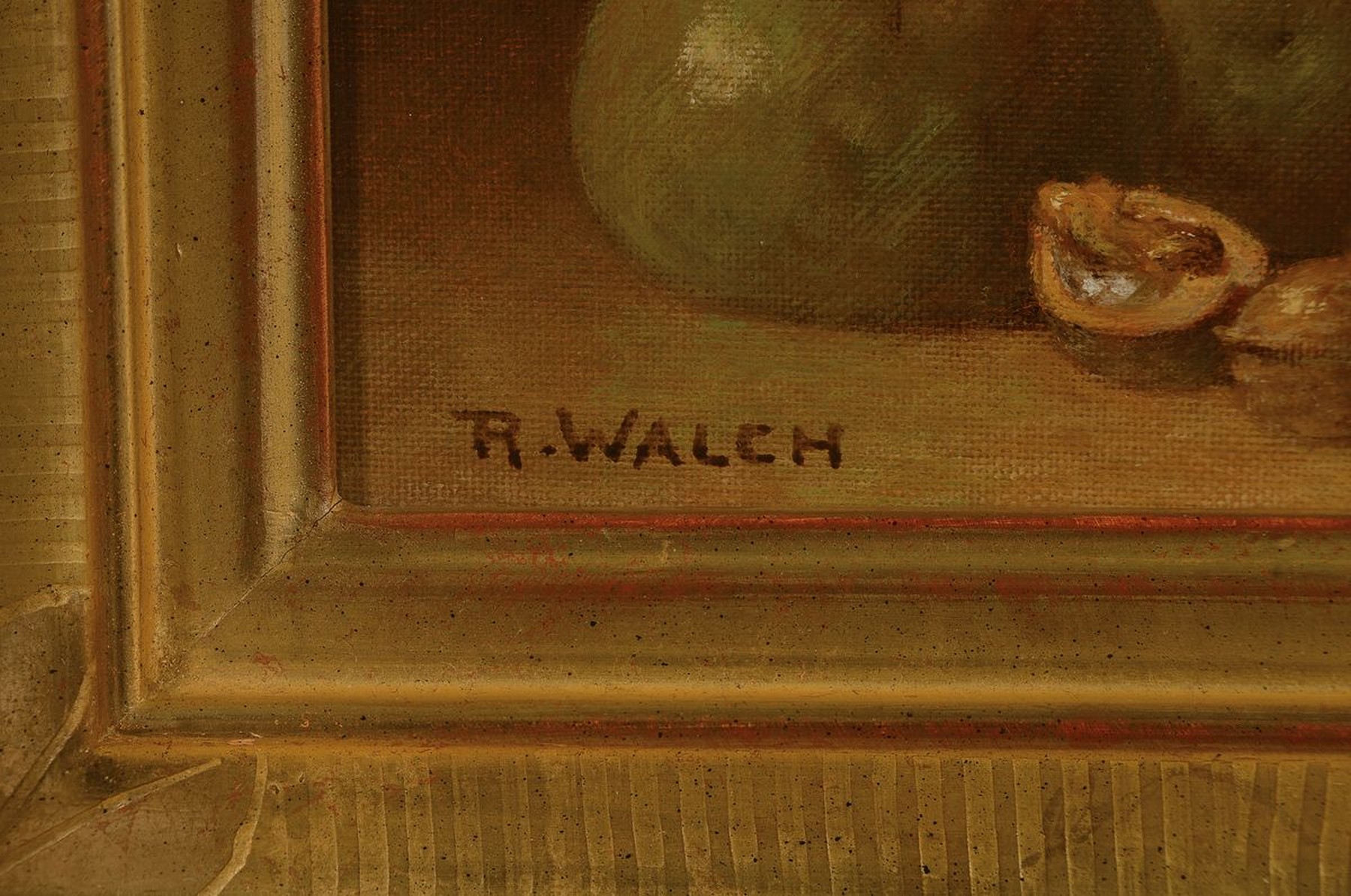 Detail b: René Walch, geb. 1935, Öl/Lwd, zwei Stillleben, signiert, Küchenmotive, Gefäße mit Birnen, Äpfel und Trauben ca. 22 x 27 cm, Gefäß mit ...