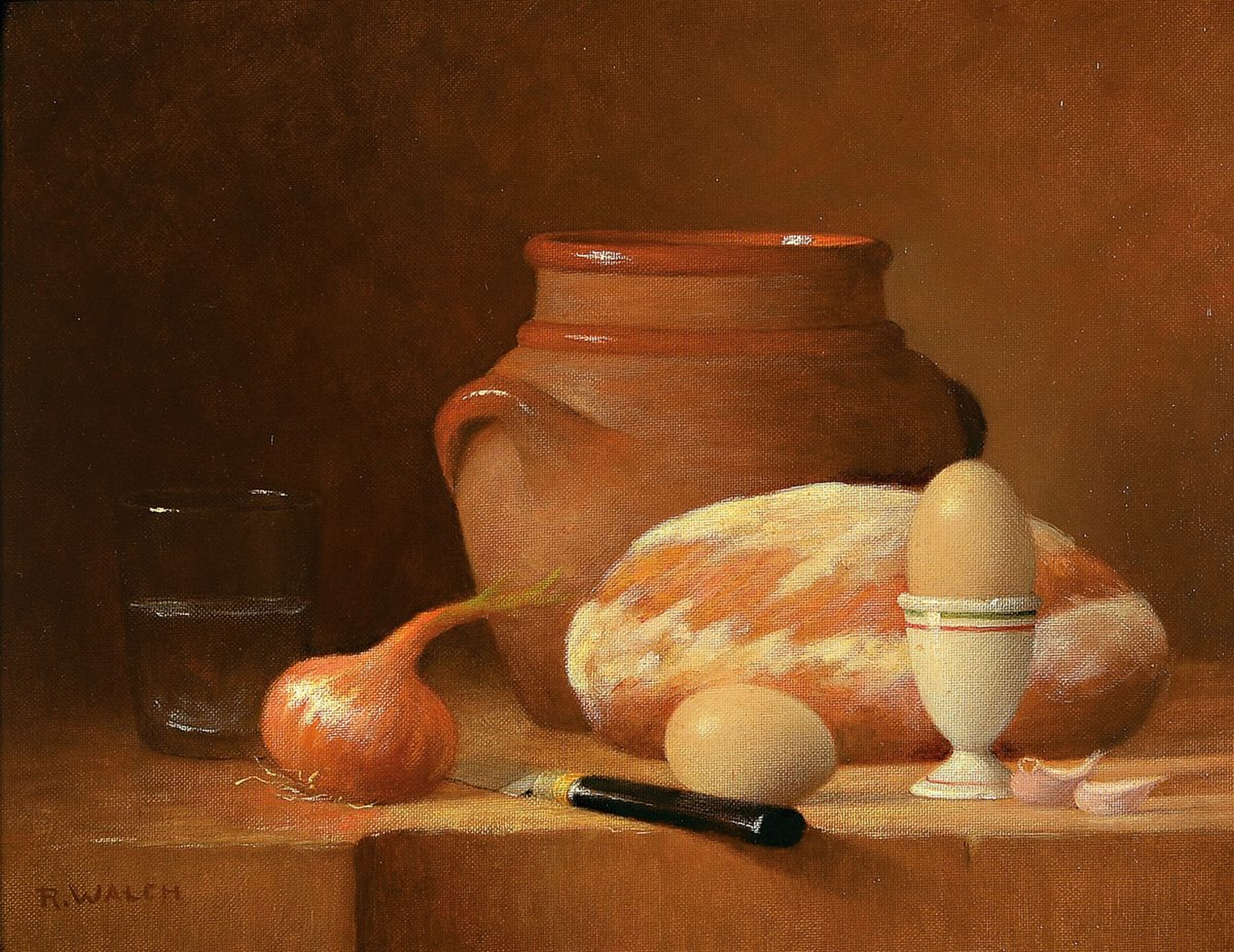 Detail c: René Walch, geb. 1935, Öl/Lwd, zwei Stillleben, signiert, Küchenmotive, Gefäße mit Birnen, Äpfel und Trauben ca. 22 x 27 cm, Gefäß mit ...