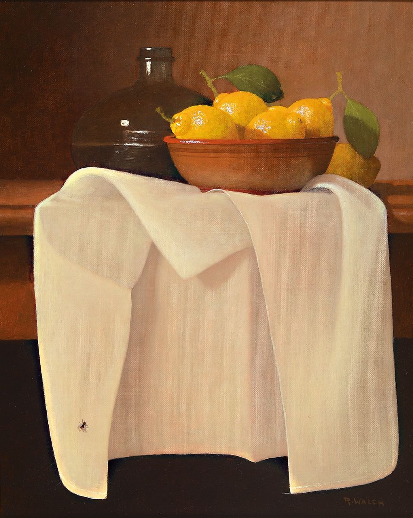 René Walch, geb. 1935, Öl/Lwd, zwei Stillleben, signiert, Petroleumlampe mit Obst, ca. 32 x 40 cm und Flasche mit Zitronen auf weißem Tischtuch, ...