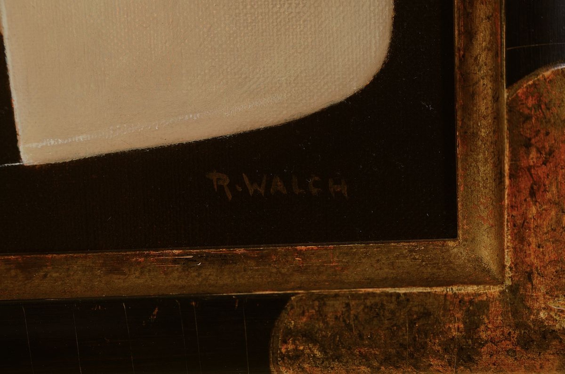 Detail a: René Walch, geb. 1935, Öl/Lwd, zwei Stillleben, signiert, Petroleumlampe mit Obst, ca. 32 x 40 cm und Flasche mit Zitronen auf weißem Tischtuch, ...