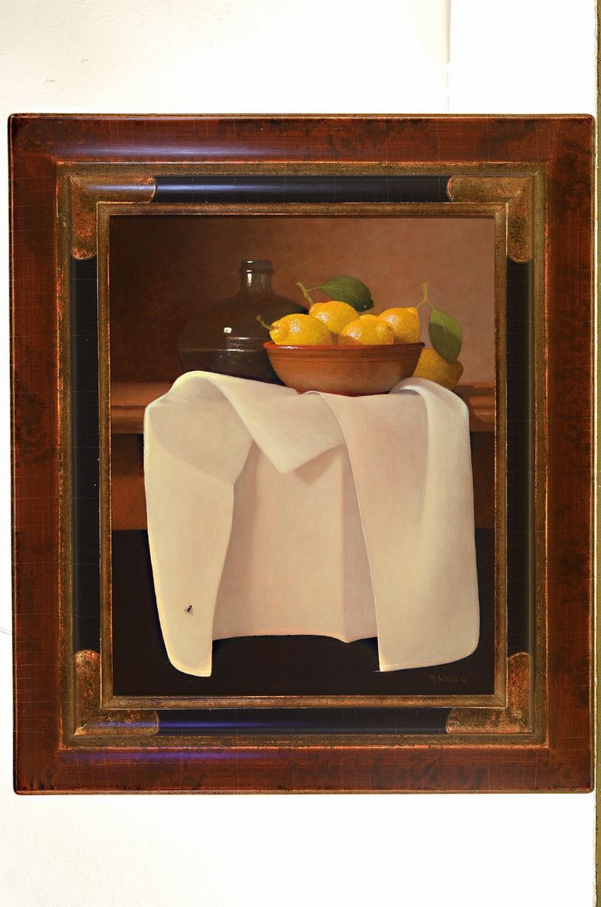 Detail k: René Walch, geb. 1935, Öl/Lwd, zwei Stillleben, signiert, Petroleumlampe mit Obst, ca. 32 x 40 cm und Flasche mit Zitronen auf weißem Tischtuch, ...