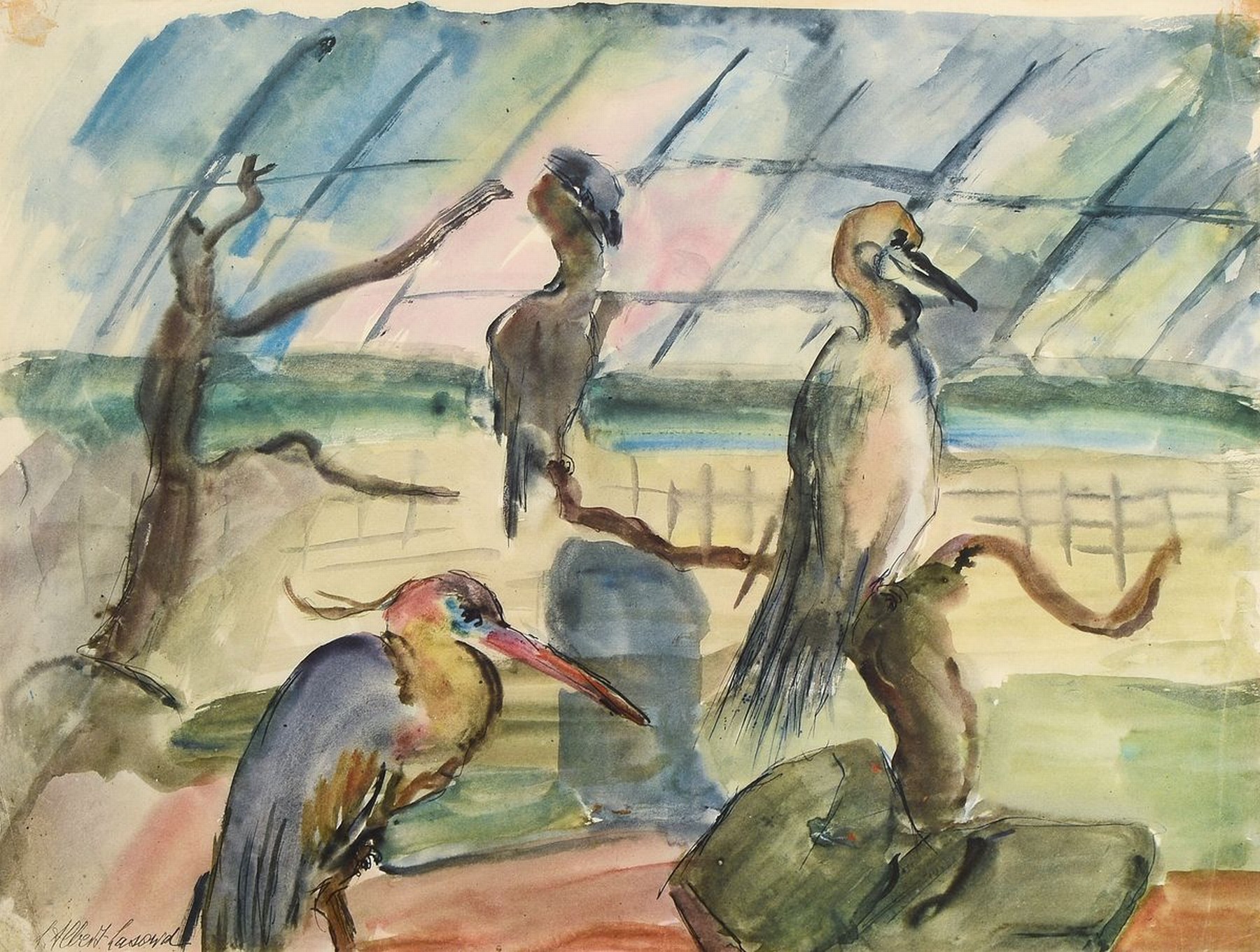 Loulou Albert Lasard, 1885 Metz - 1969 Paris, Voliere mit Störchen, Aquarell auf Papier handsigniert, ca. 27 x 36 cm, unter Glas, Rahmen ca. 33.5 x ...