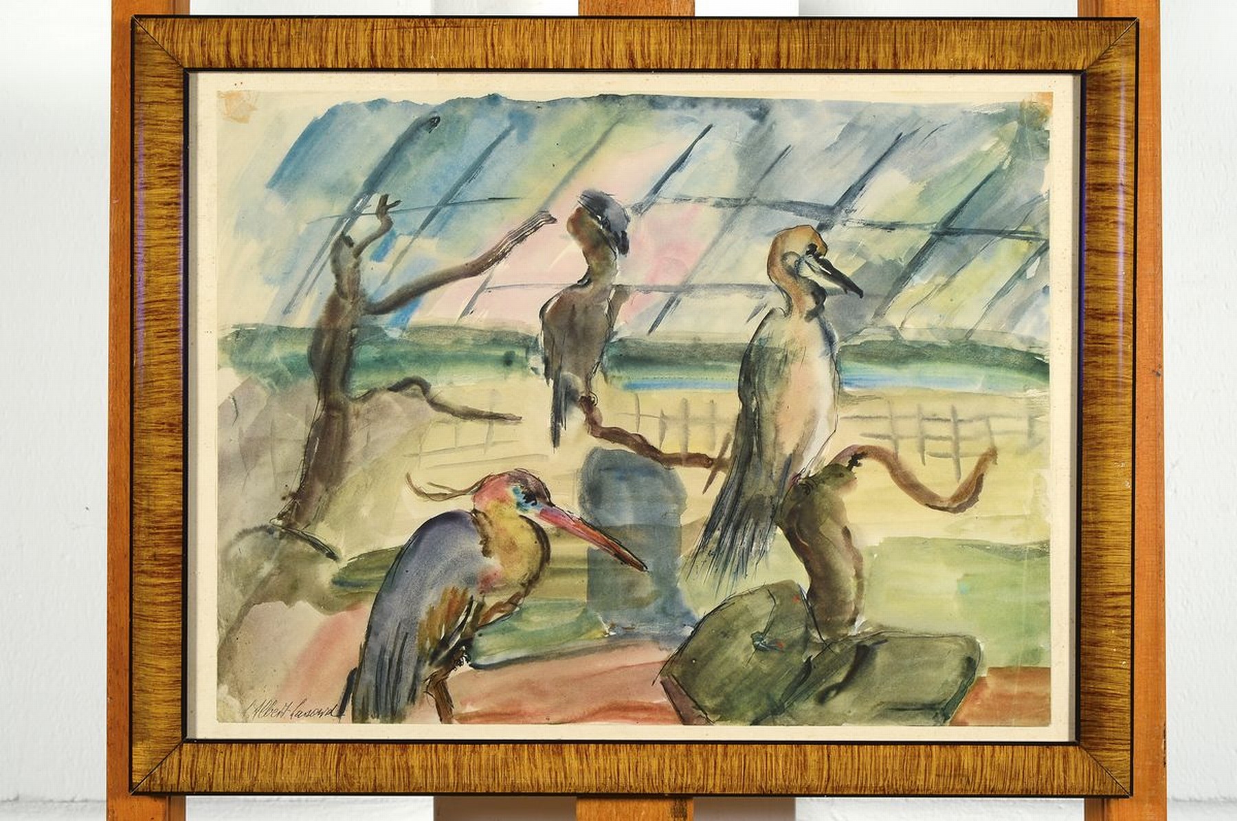 Detail k: Loulou Albert Lasard, 1885 Metz - 1969 Paris, Voliere mit Störchen, Aquarell auf Papier handsigniert, ca. 27 x 36 cm, unter Glas, Rahmen ca. 33.5 x ...
